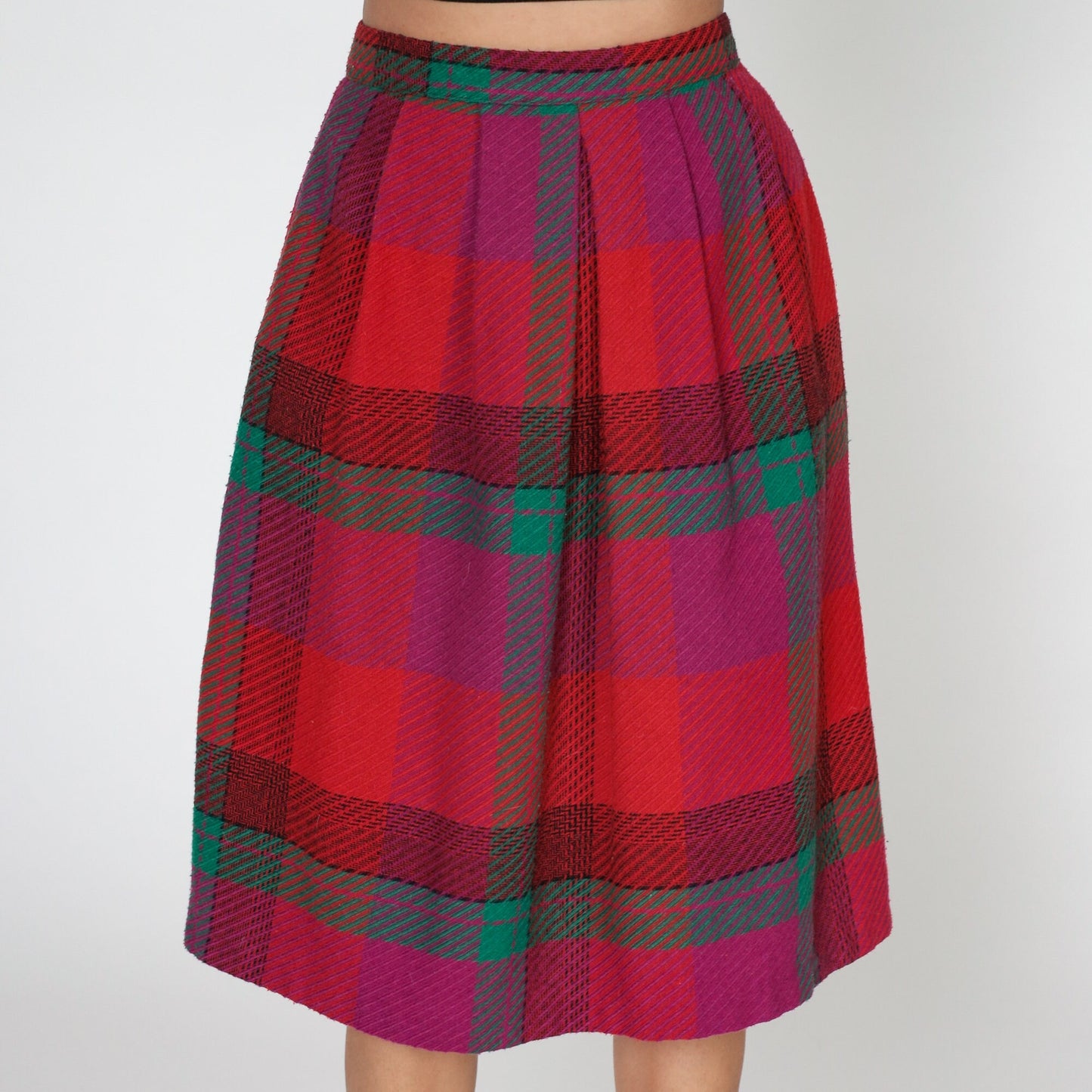 70s Red Plaid Midi Skirt High Waisted A-Line Pockets Small