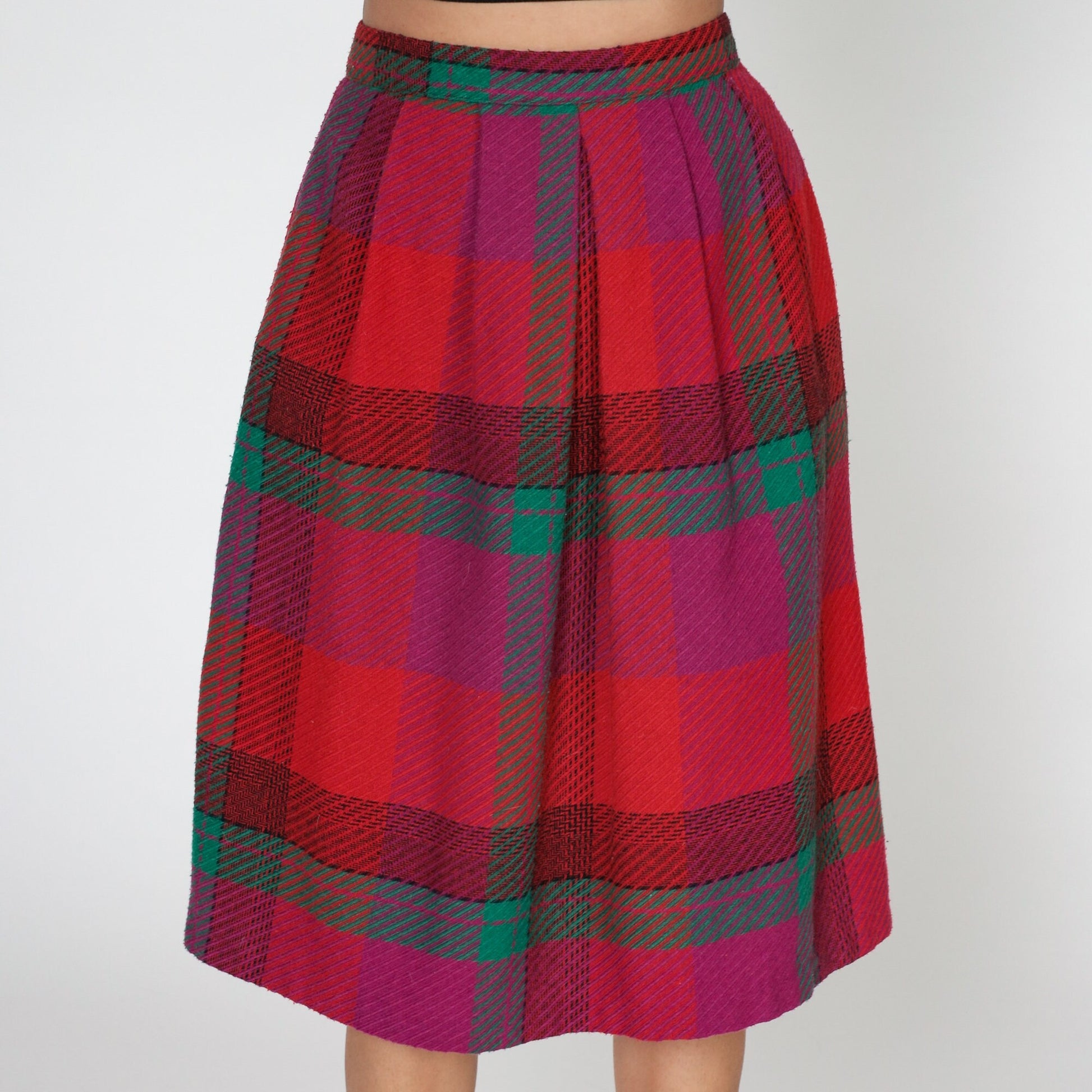70s Red Plaid Midi Skirt High Waisted A-Line Pockets Small