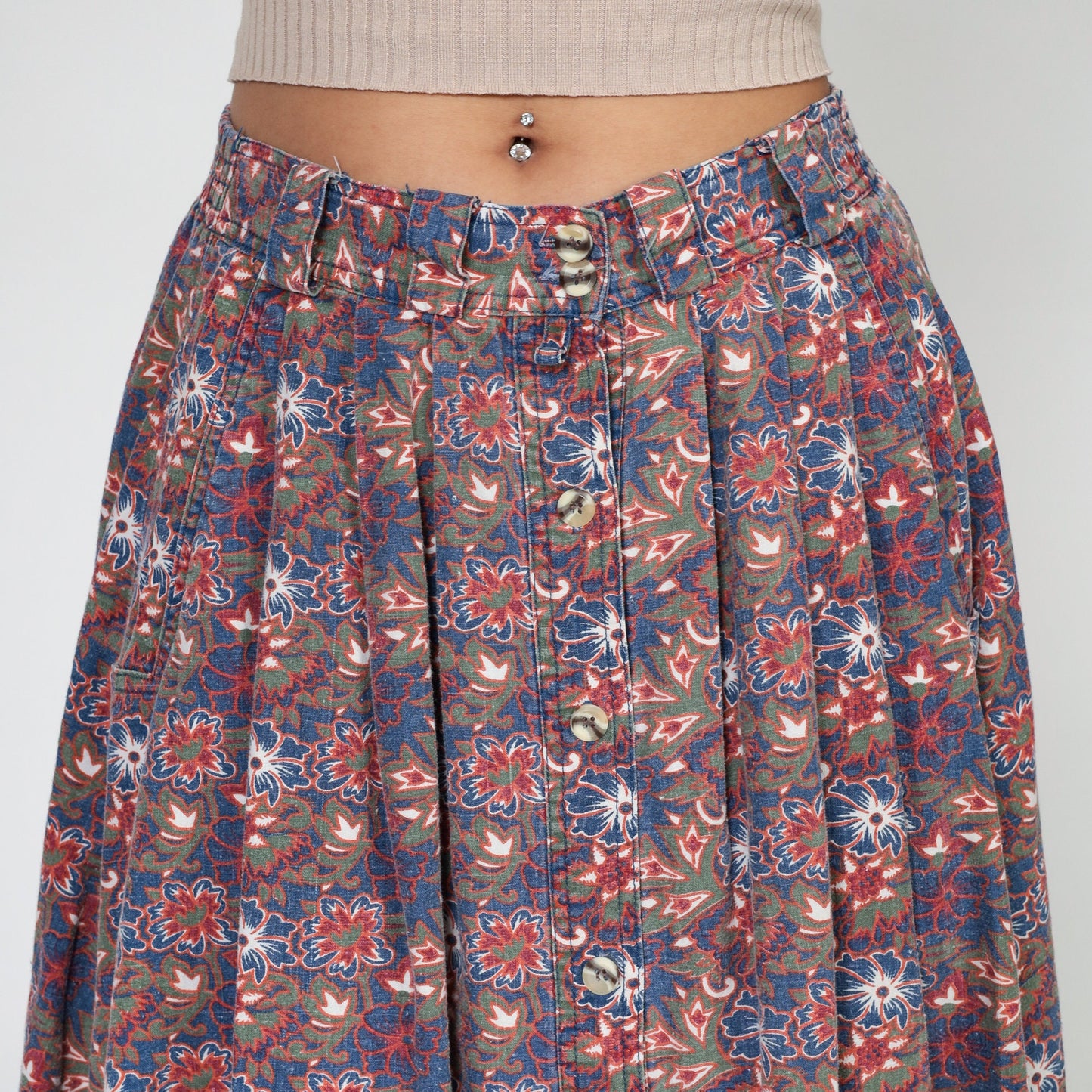 90s Gitano Tropical Floral Pleated Midi Skirt High Waist Button Front Small