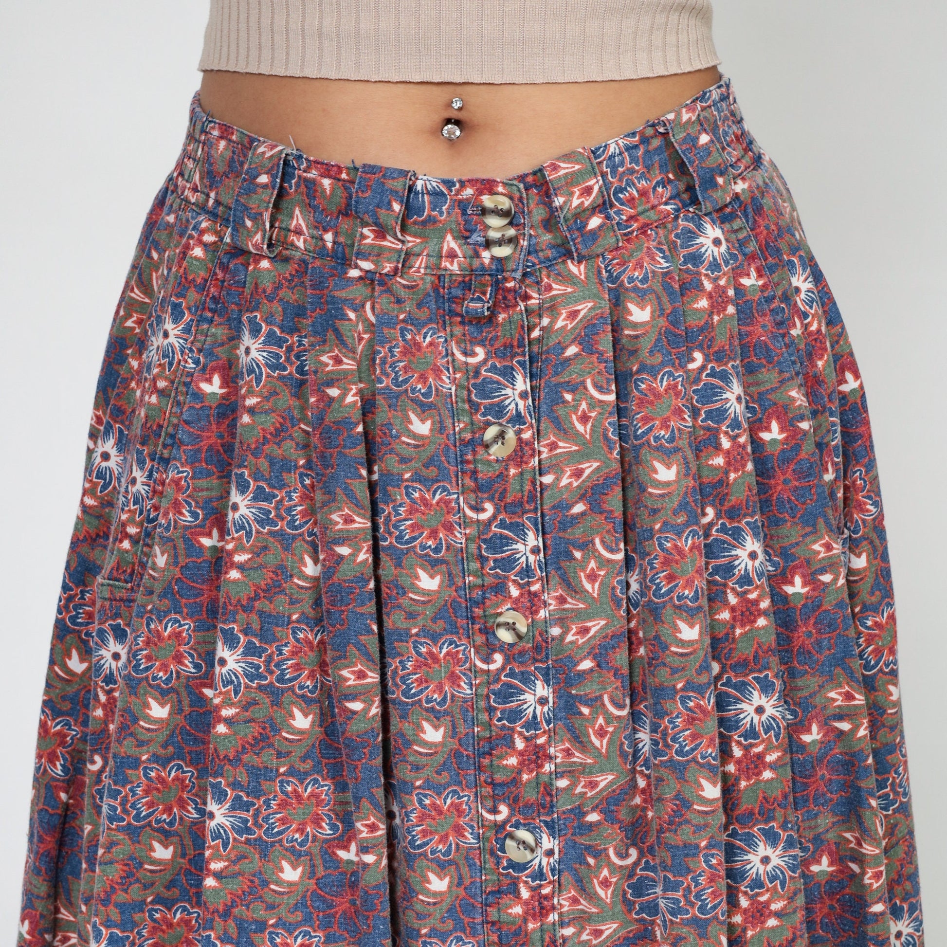 90s Gitano Tropical Floral Pleated Midi Skirt High Waist Button Front Small