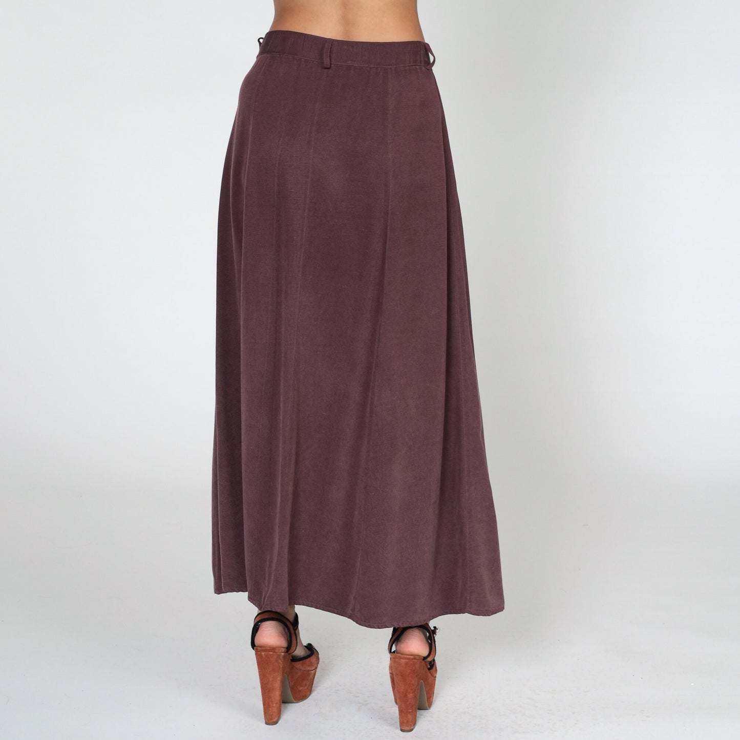 90s Dark Burgundy Silk Maxi Skirt Button-Up Front Small S