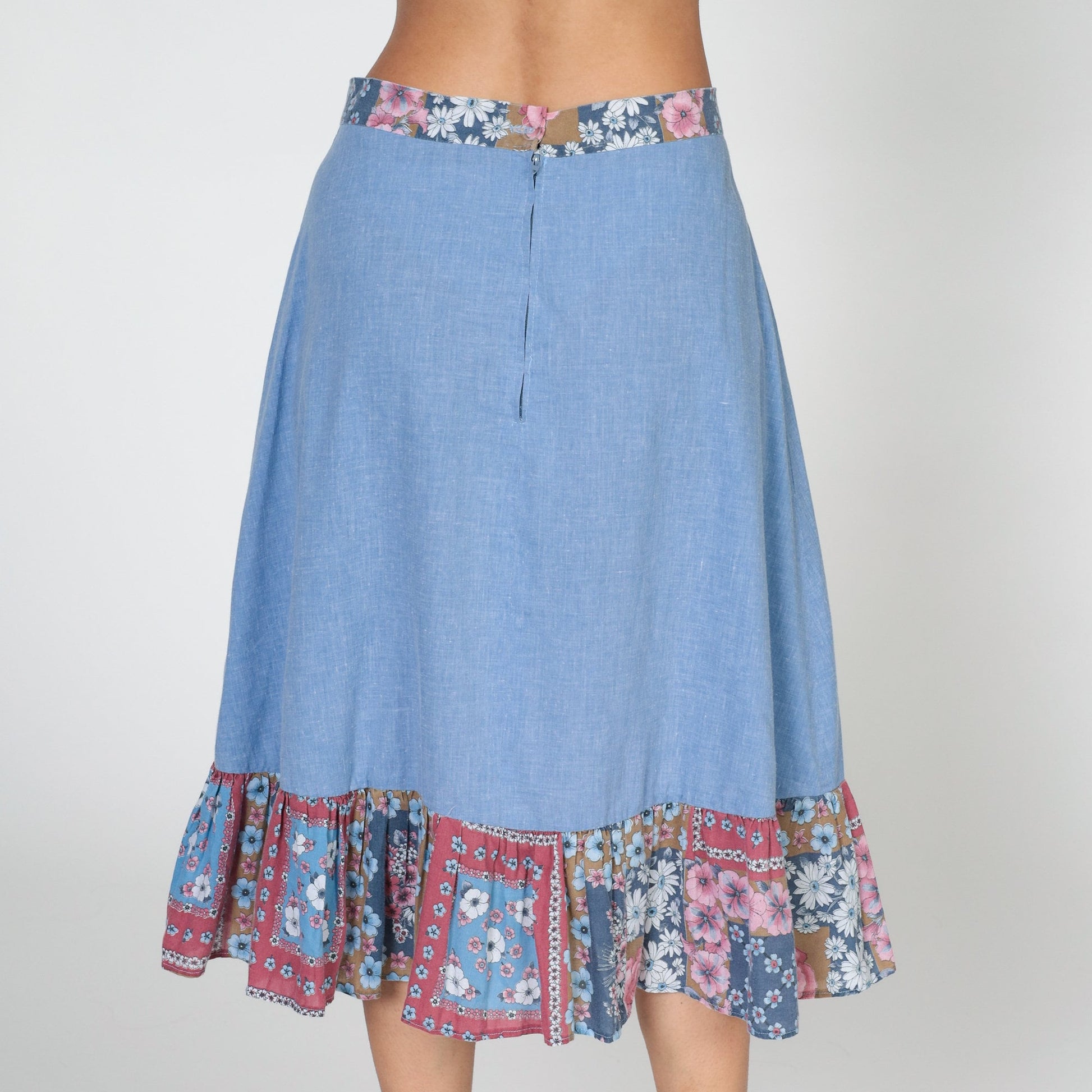 70s Patchwork Floral Midi Skirt Blue High Waist Tiered Ruffled Medium