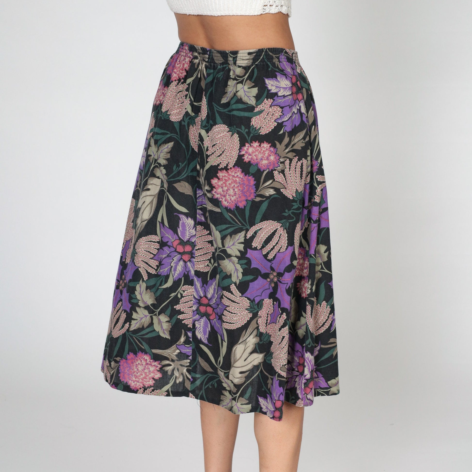 80s Black Floral Midi Skirt High Waist Purple Dahlia Print Small
