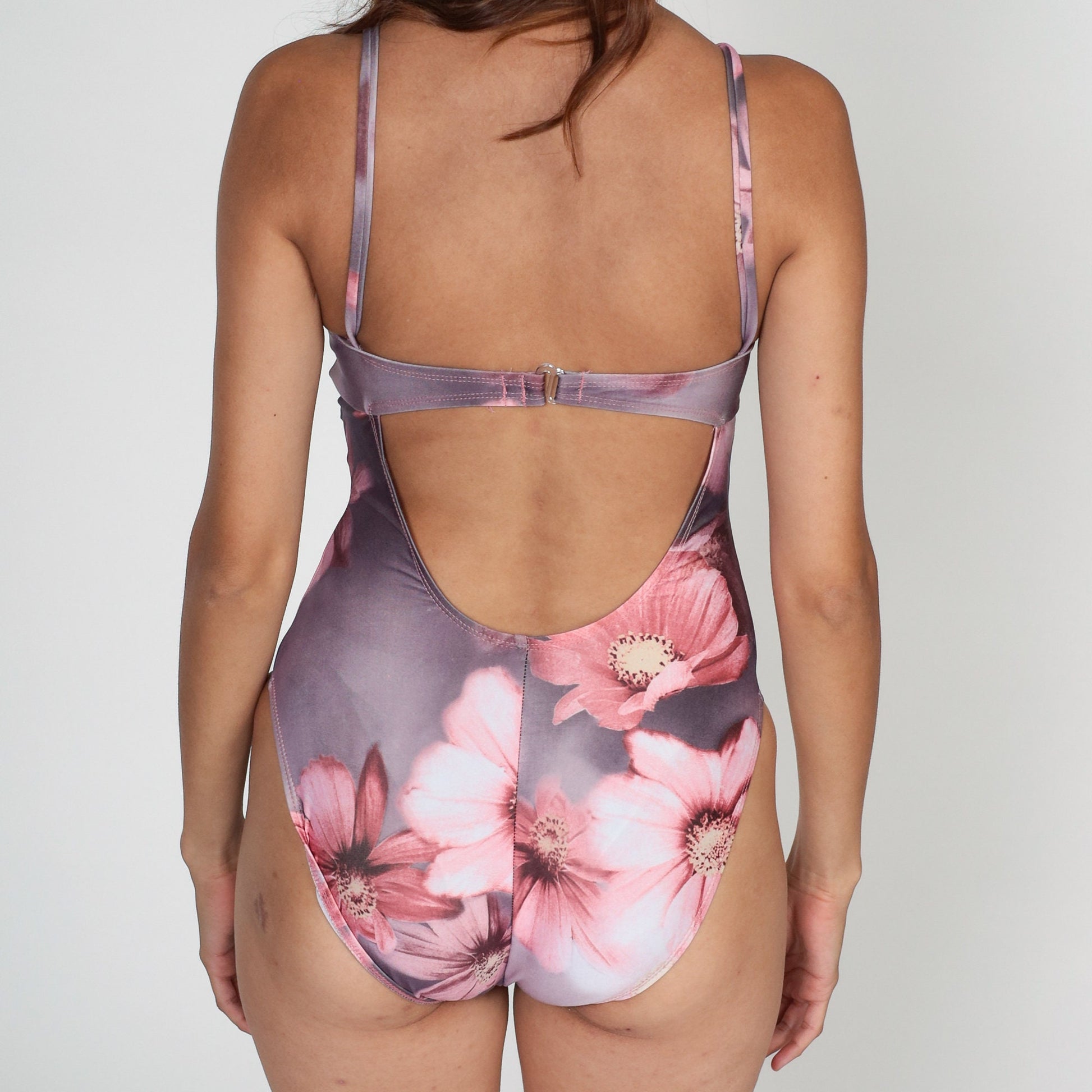 Y2K Purple Floral One-Piece Swimsuit Pink Daisy Cutout Open Back Small S