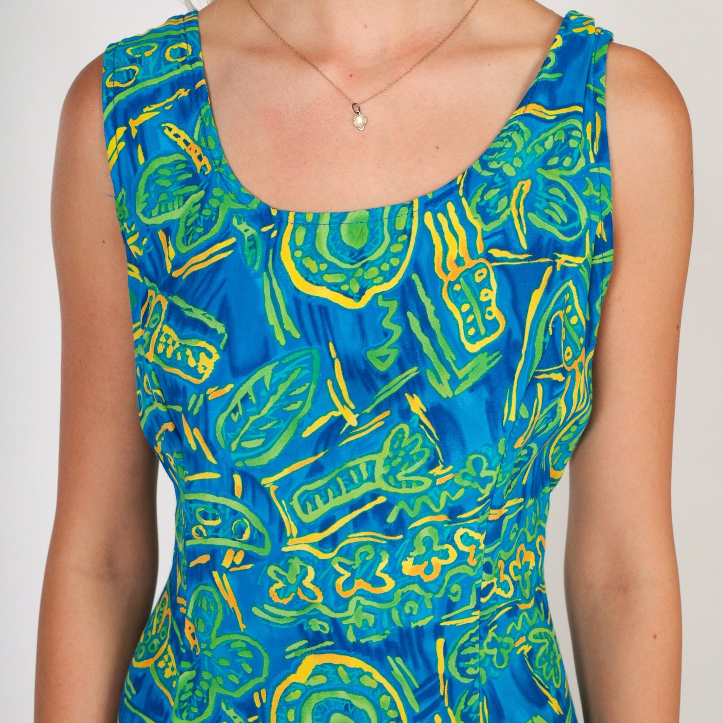 90s Big Hed Designs Tropical Mini Dress Abstract Palm Print Blue Green Small