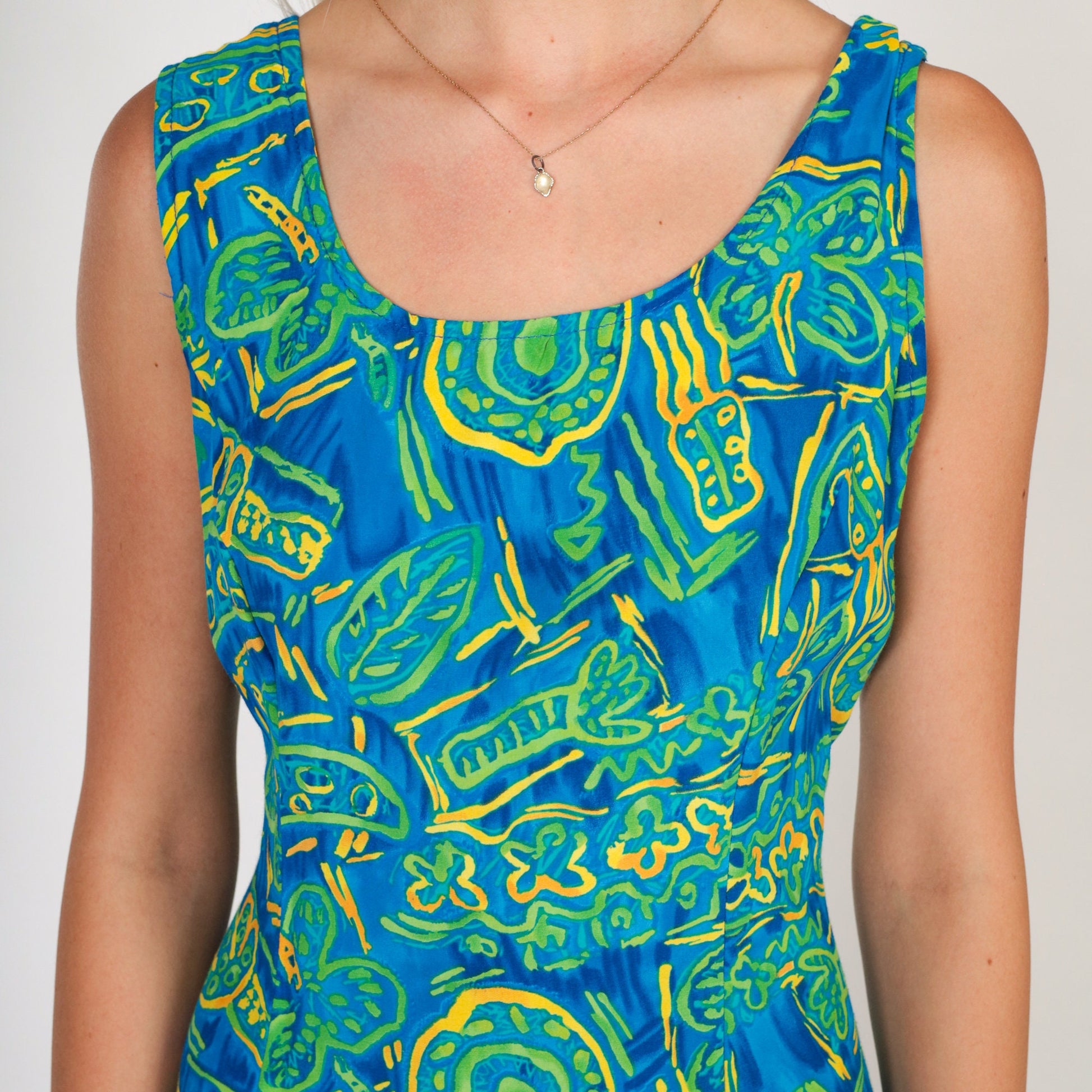 90s Big Hed Designs Tropical Mini Dress Abstract Palm Print Blue Green Small