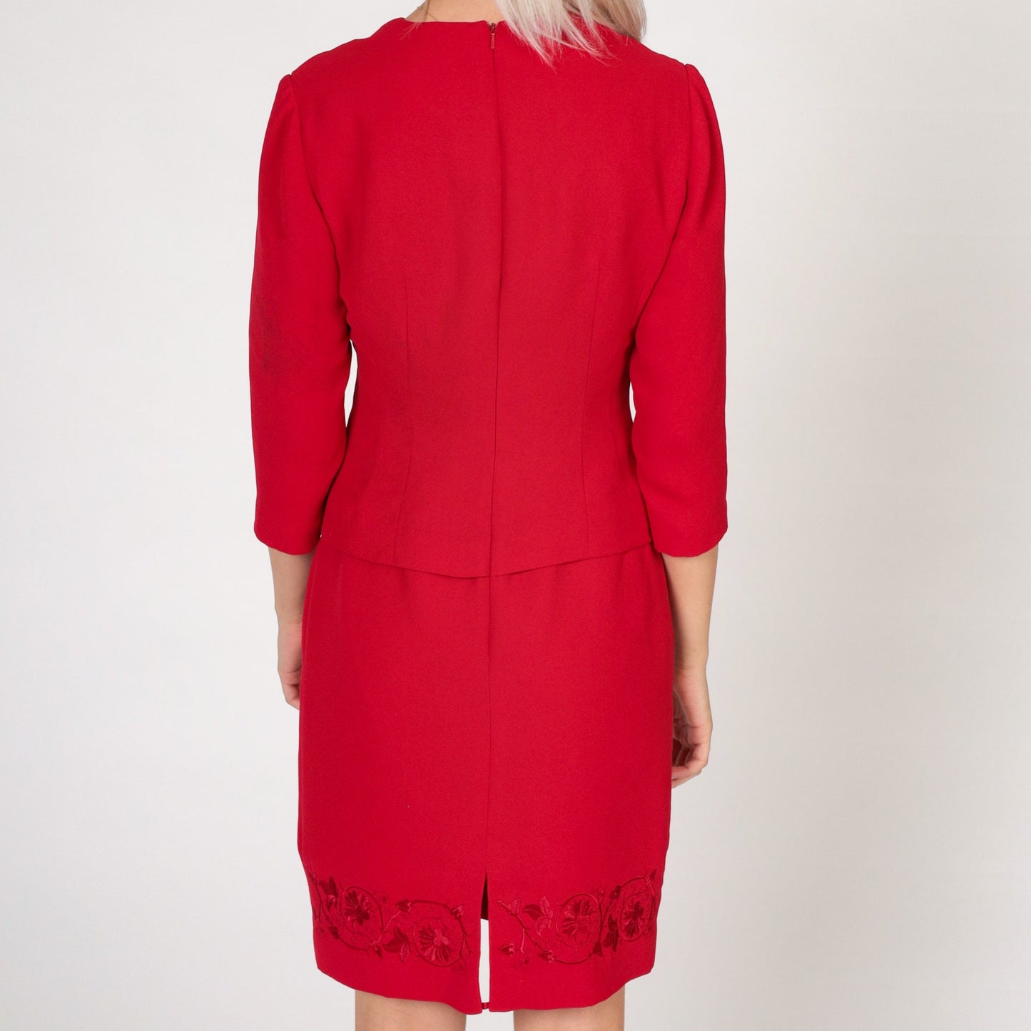 90s Donna Morgan Red Mini Dress Faux Wrap Button Up Floral Embroidered Extra Small