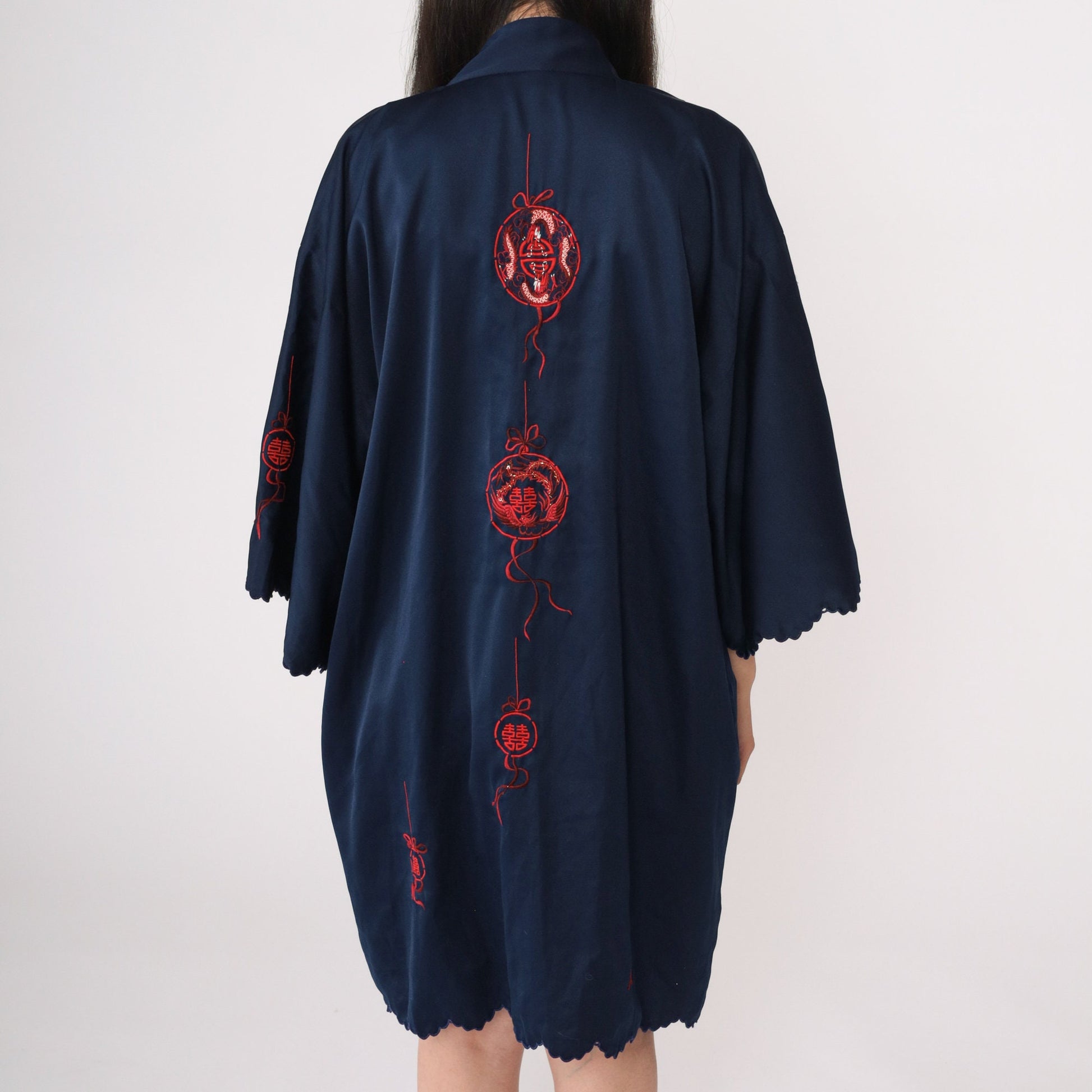 80s Navy Kimono Robe Embroidered Dragon Peacock Fish Jacket Small Medium