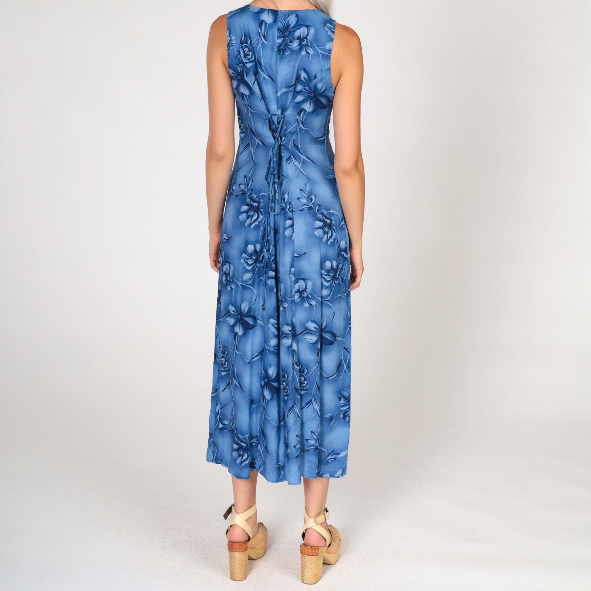 90s Blue Floral Sheath Dress Sleeveless Ankle Length Extra Small