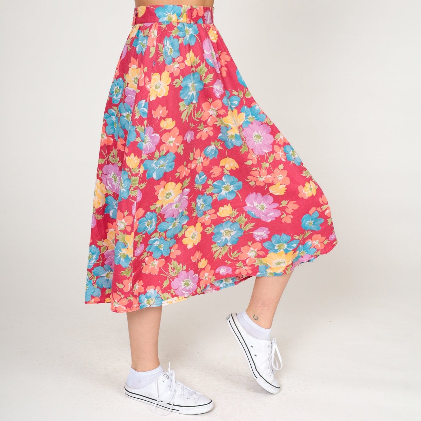 80s Byer California Floral Midi Skirt Red High-Waist Cotton Blend Extra Small