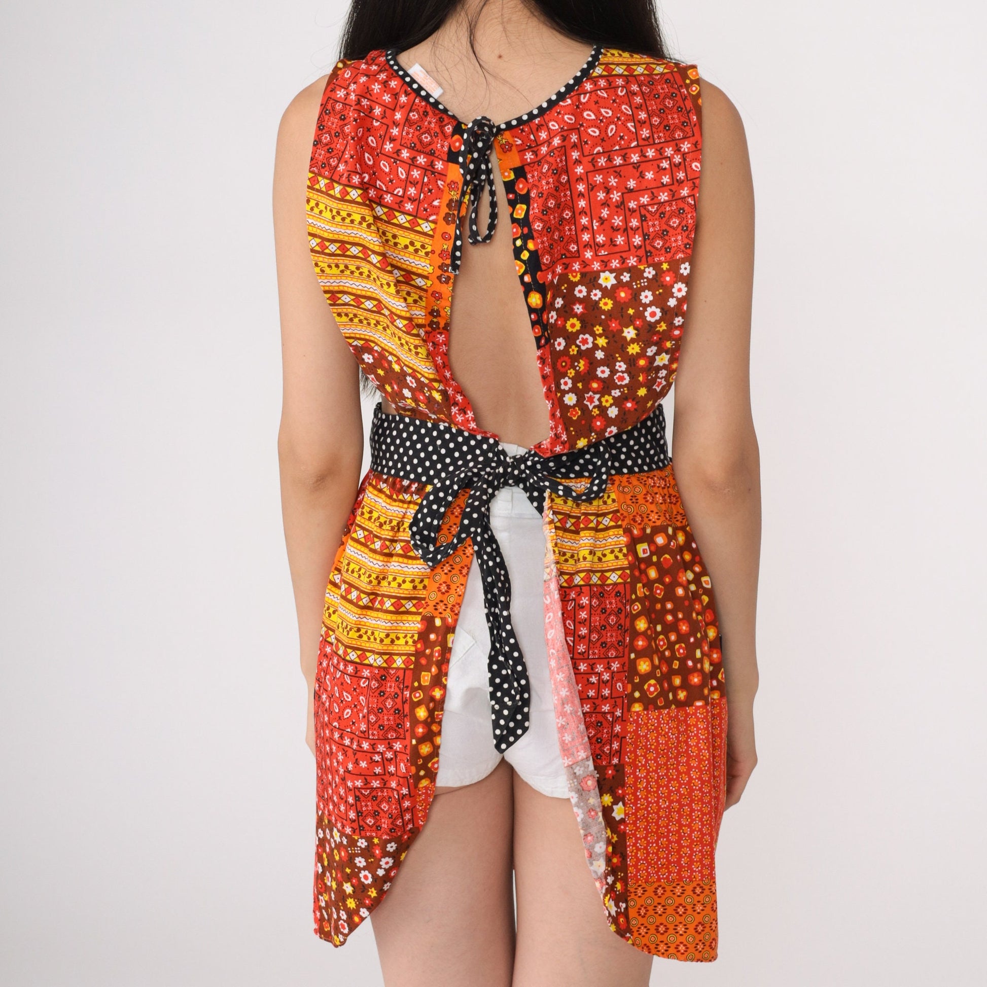 70s Patchwork Floral Apron Dress Orange Mini Sleeveless High Waist Small