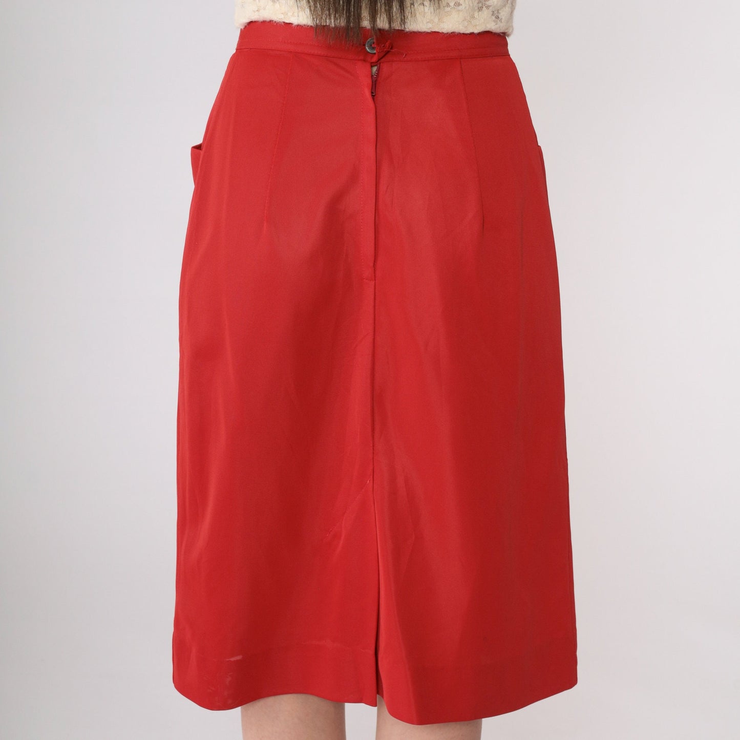 60s Red Pencil Skirt High Waist Midi Rear Zip Extra Small