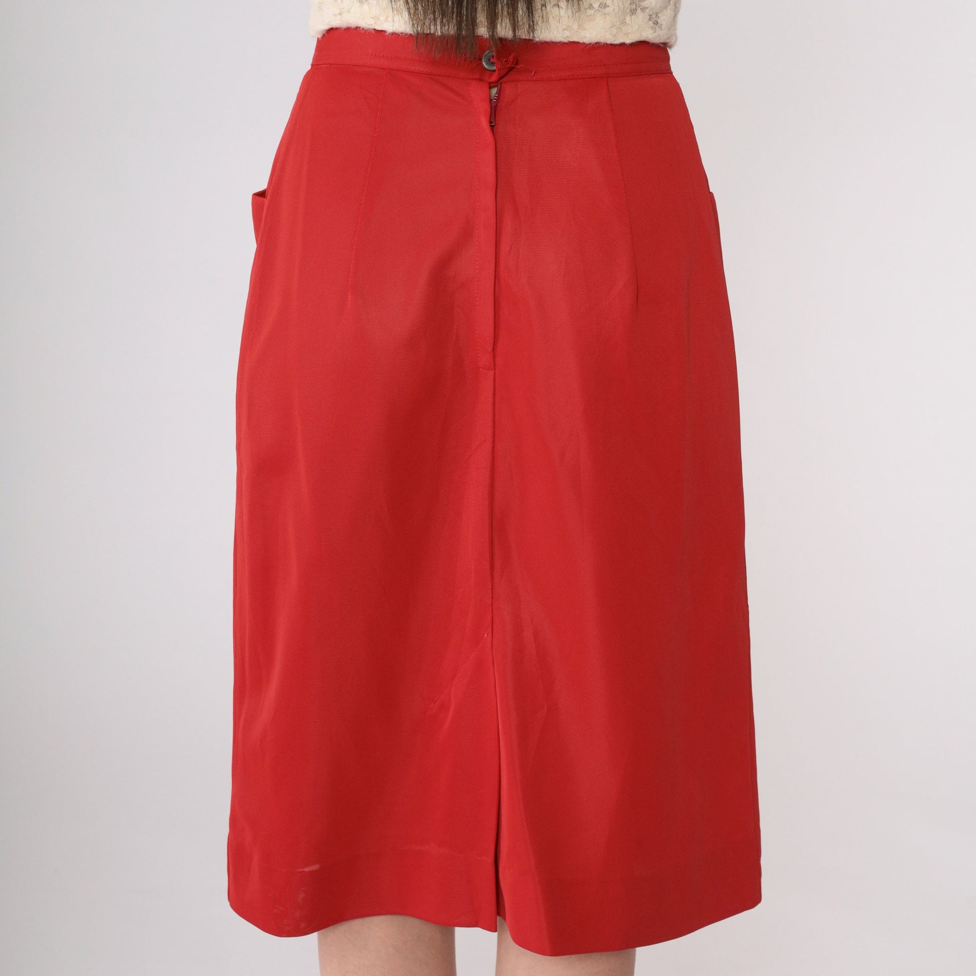 60s Red Pencil Skirt High Waist Midi Rear Zip Extra Small