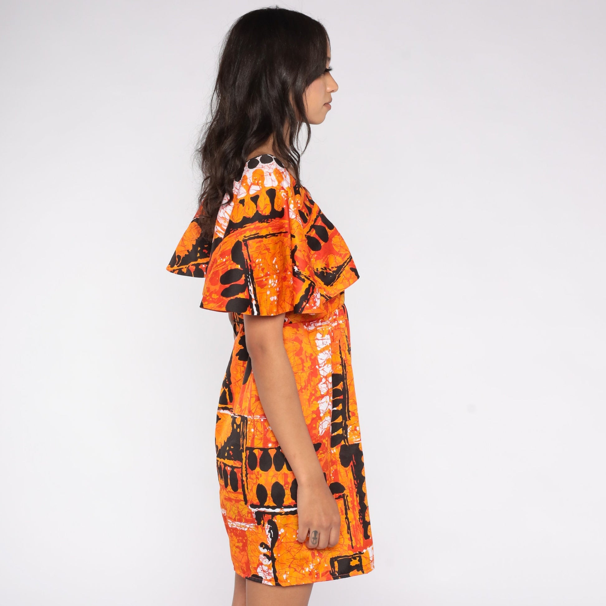 70s Hilo Hattie Hawaiian Mini Dress Orange Tropical Empire Waist Small
