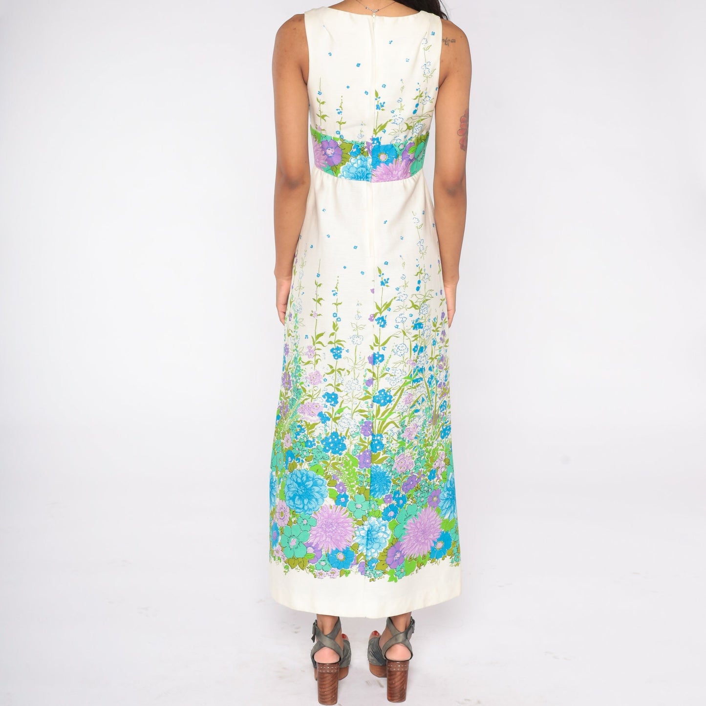 70s Floral Maxi Dress White Empire Waist Sleeveless Side Slit Extra Small