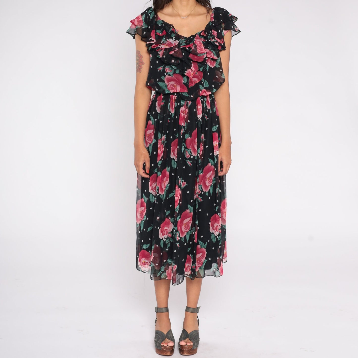 80s Black Floral Chiffon Midi Dress Rose Polka Dot Ruffled Flutter Sleeve Small