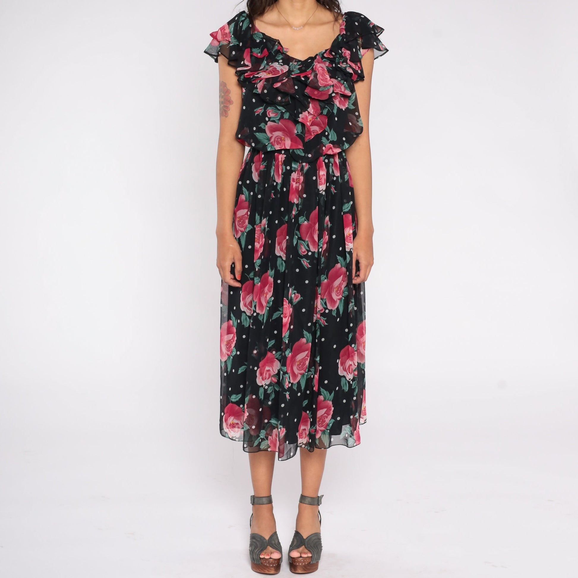 80s Black Floral Chiffon Midi Dress Rose Polka Dot Ruffled Flutter Sleeve Small