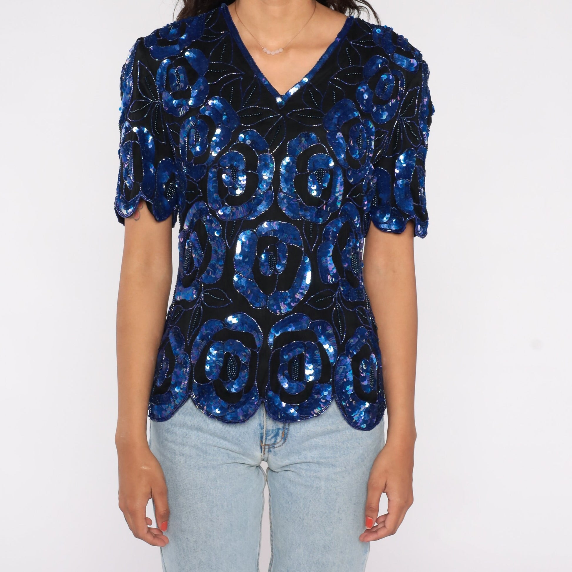 90s Black Silk Sequin Blouse Floral Beaded Short Sleeve Medium M