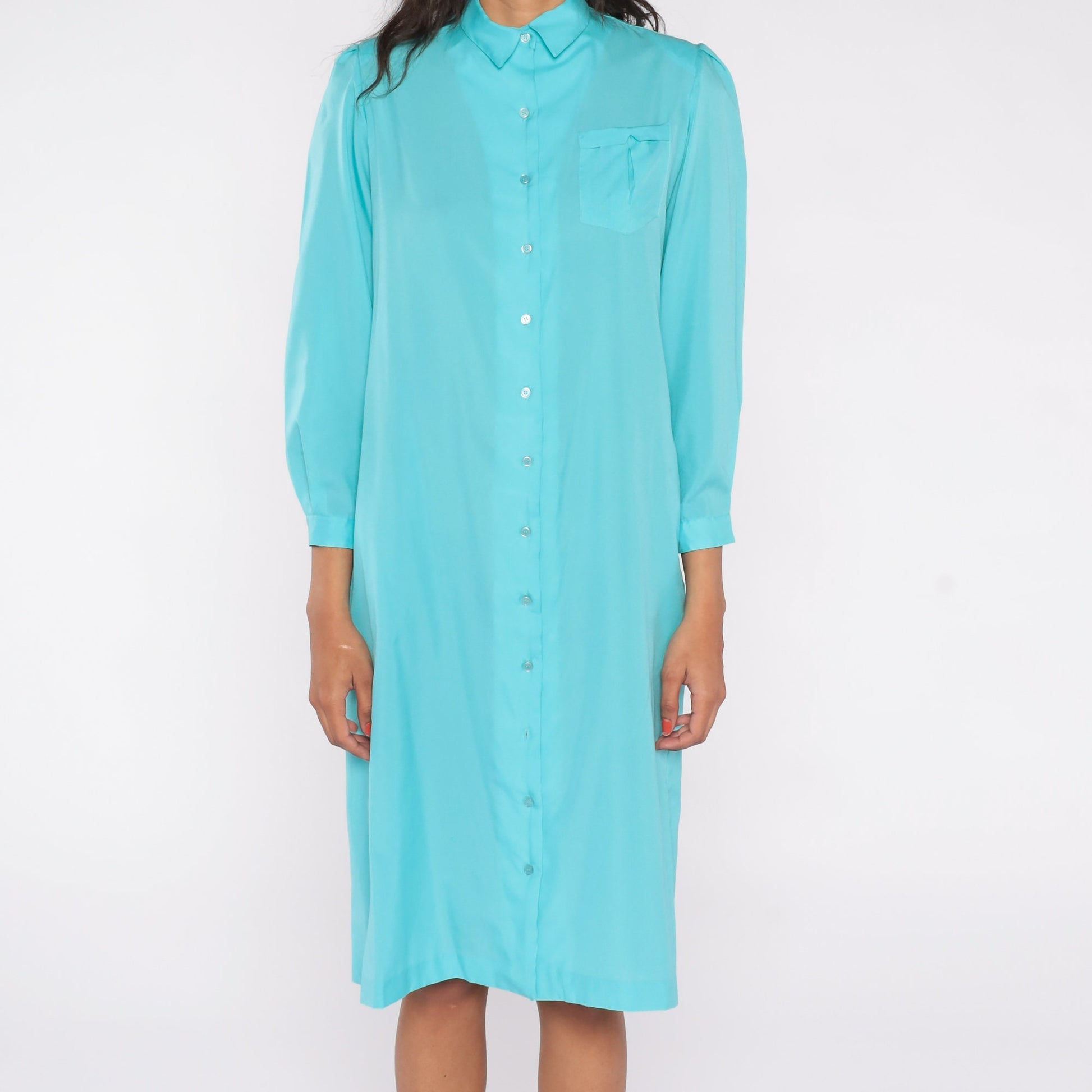 80s Spiegel Puff Sleeve Midi Shirtdress Turquoise Button-Up Medium 8