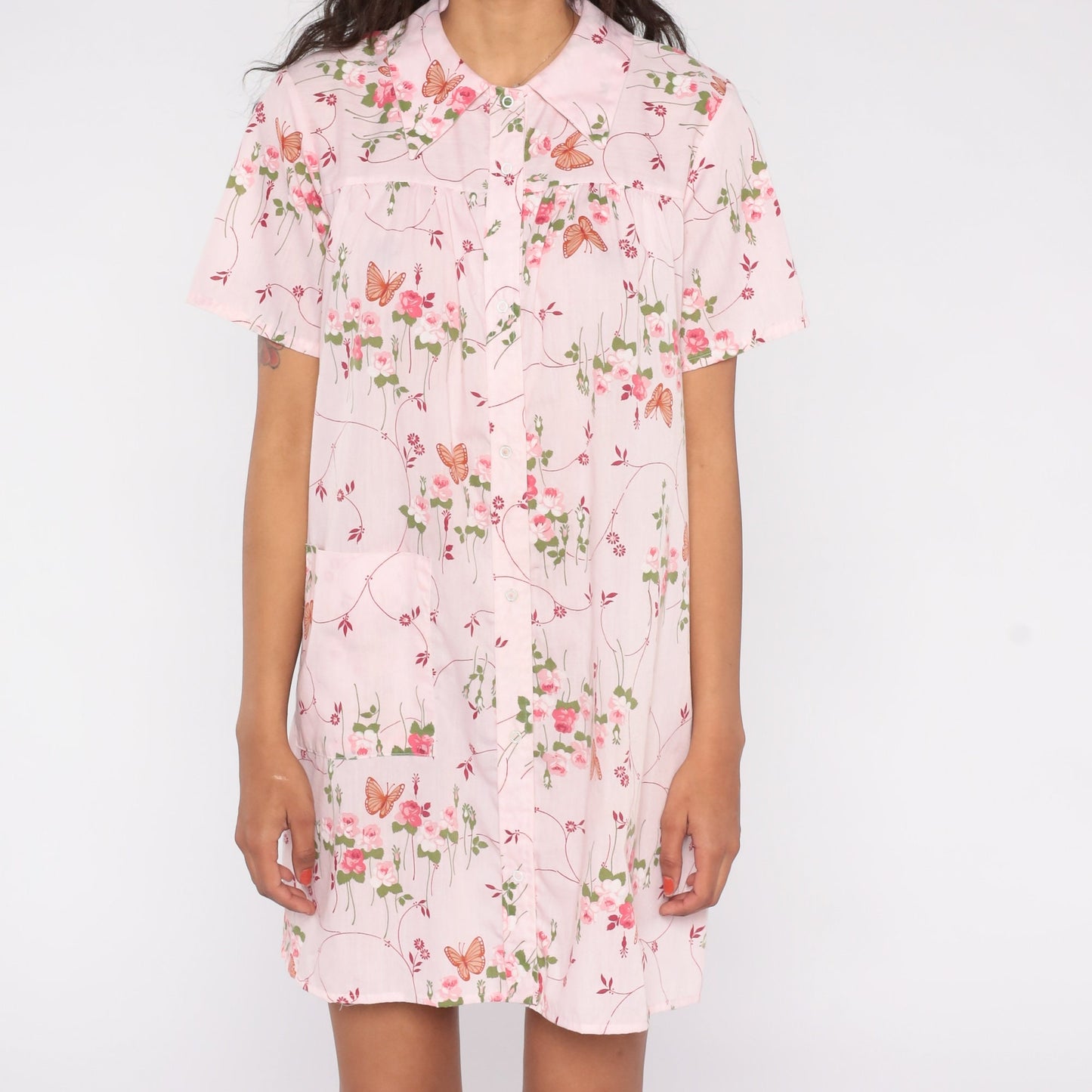 70s Baby Pink Butterfly Floral Mini Dress Snap Button Short Sleeve Medium Large