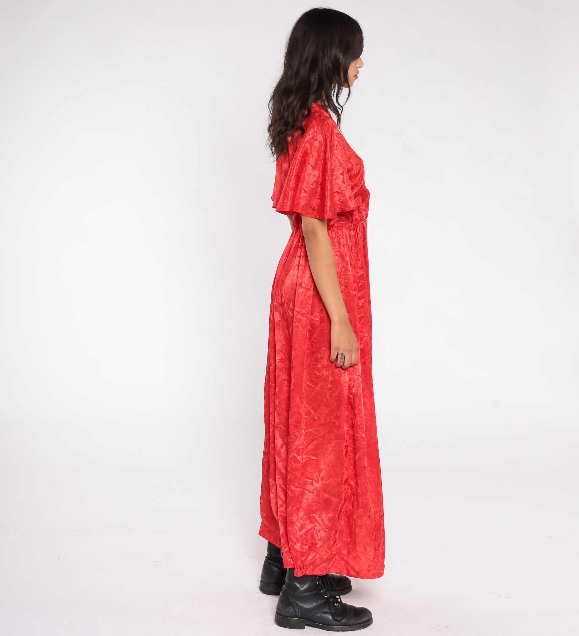 70s Red Maxi Dress Flutter Sleeve Embossed Tropical Floral High Waist Small