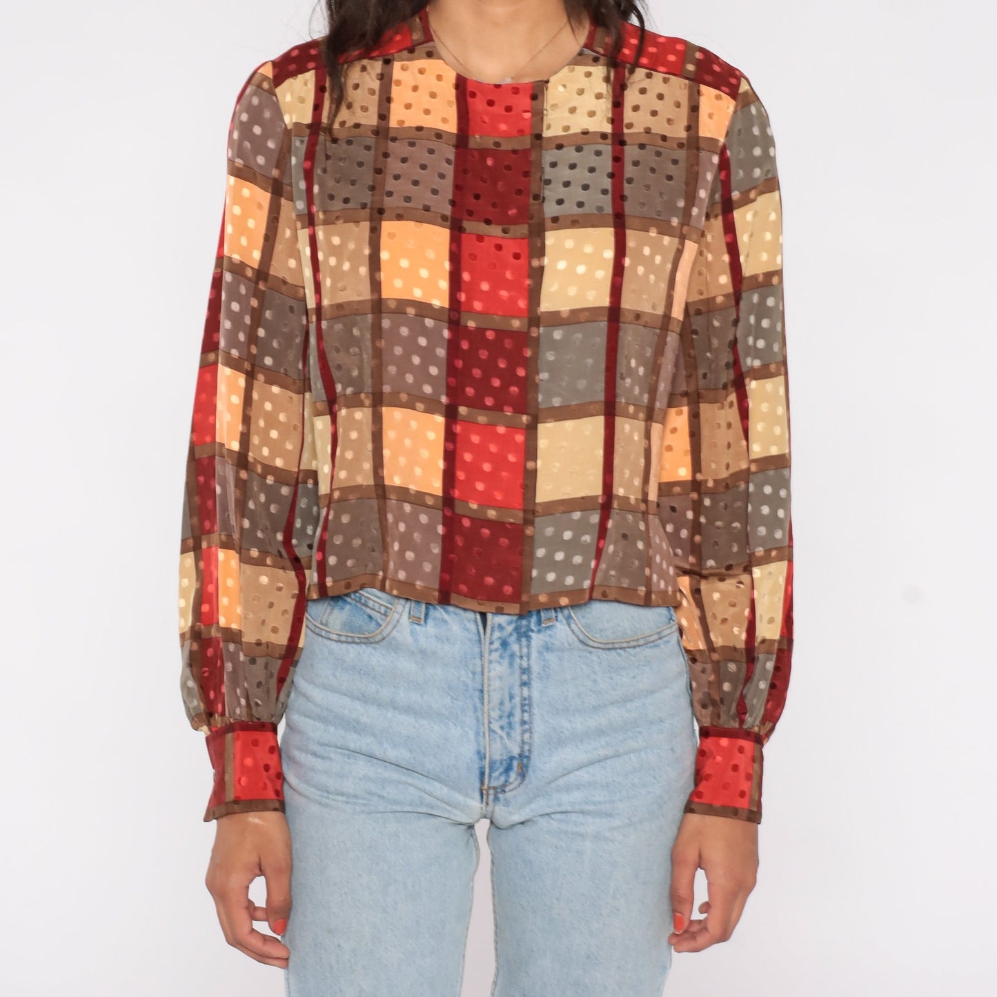 80s Checkered Hidden Button Blouse Long Sleeve Red Yellow Small S