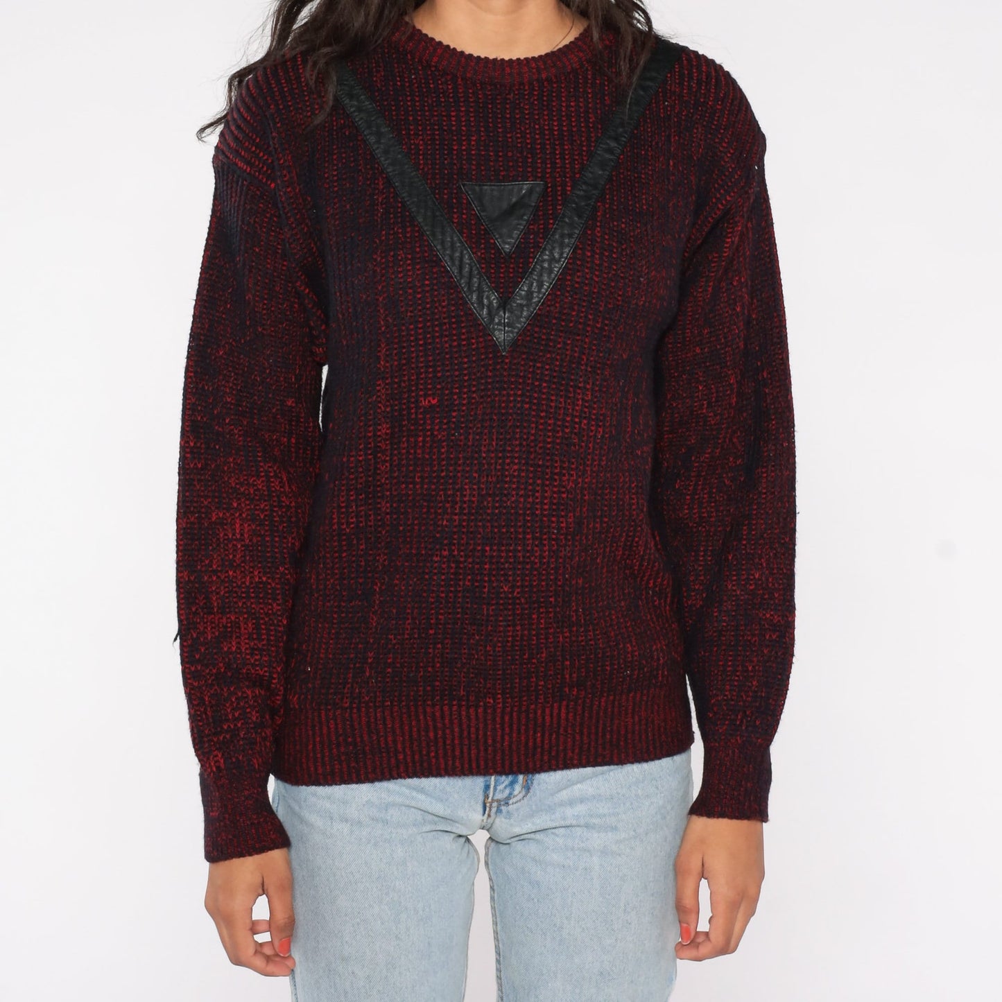 90s Barnaby Geometric Sweater Black Red Leather Chevron Knit Medium