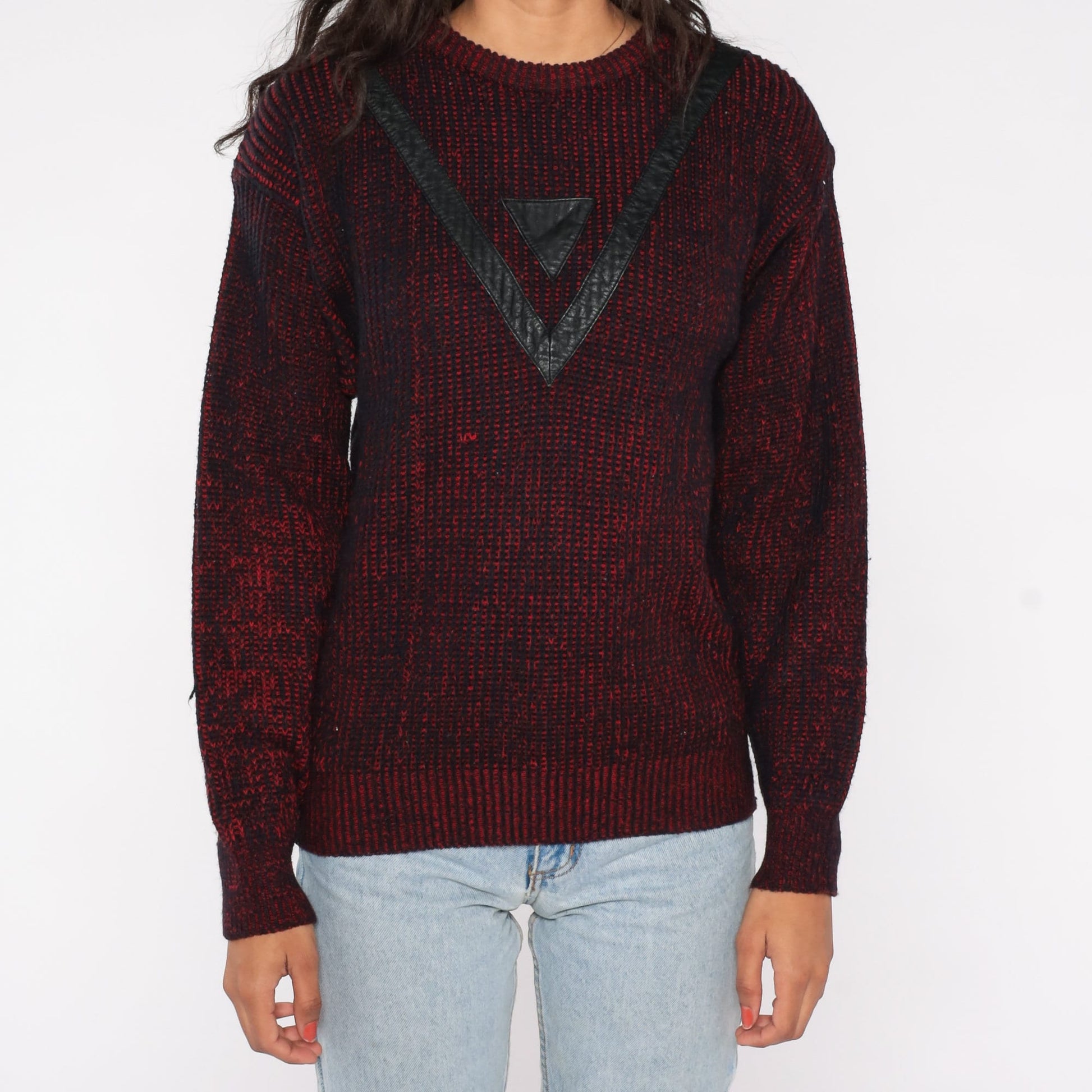 90s Barnaby Geometric Sweater Black Red Leather Chevron Knit Medium