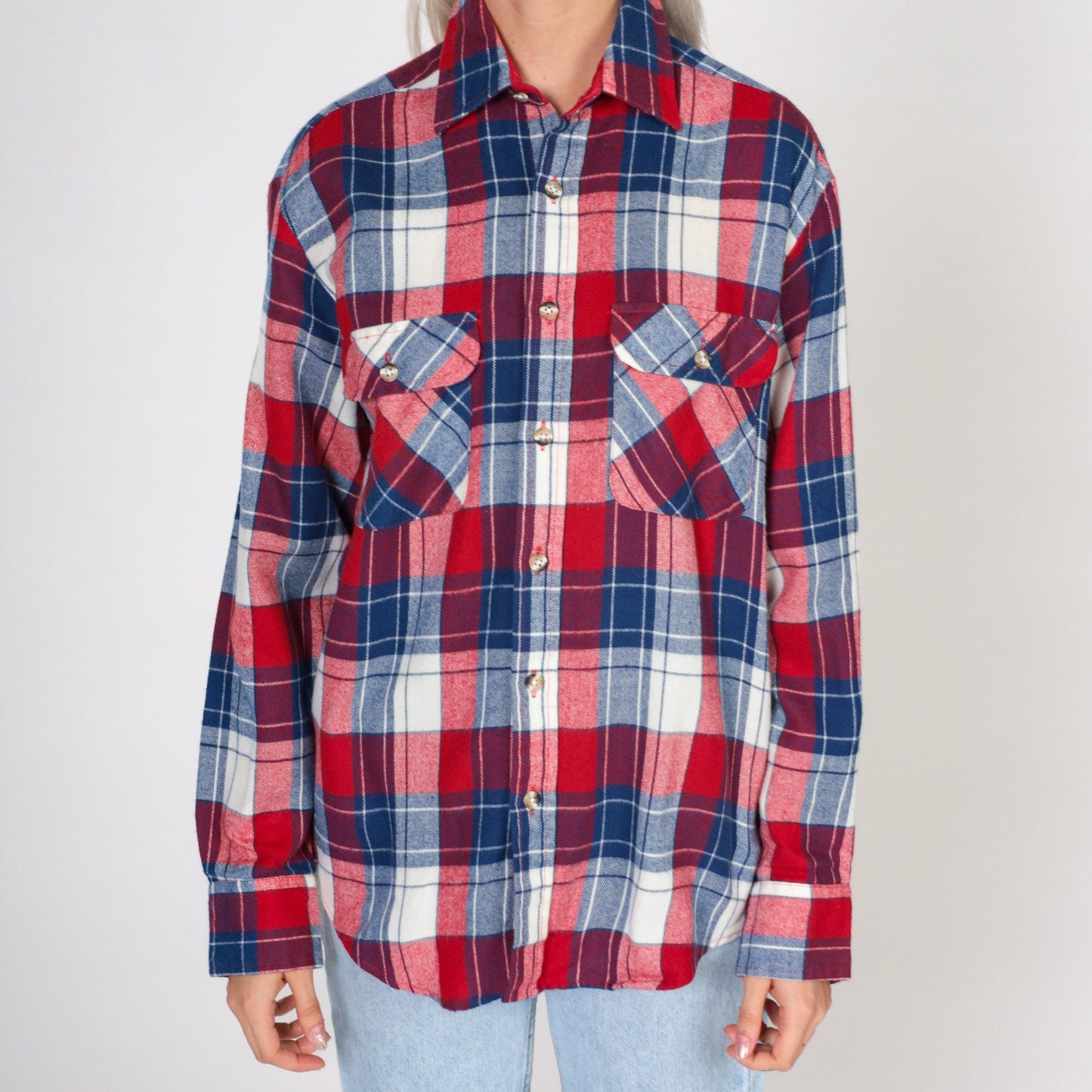 80s High Sierra Plaid Button-Up Shirt Red White Blue Flannel Small