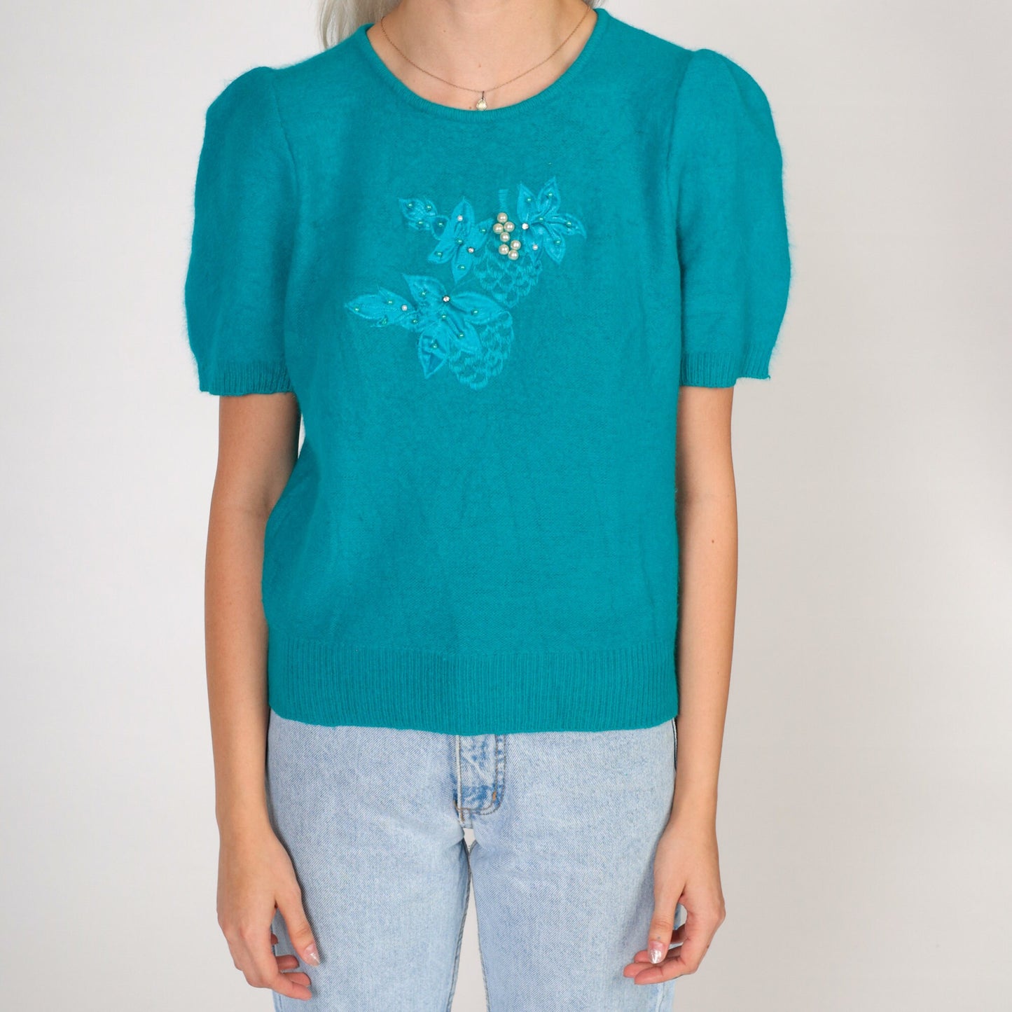 80s Teal Wool Sweater Top Puff Sleeve Beaded Floral Knit Small