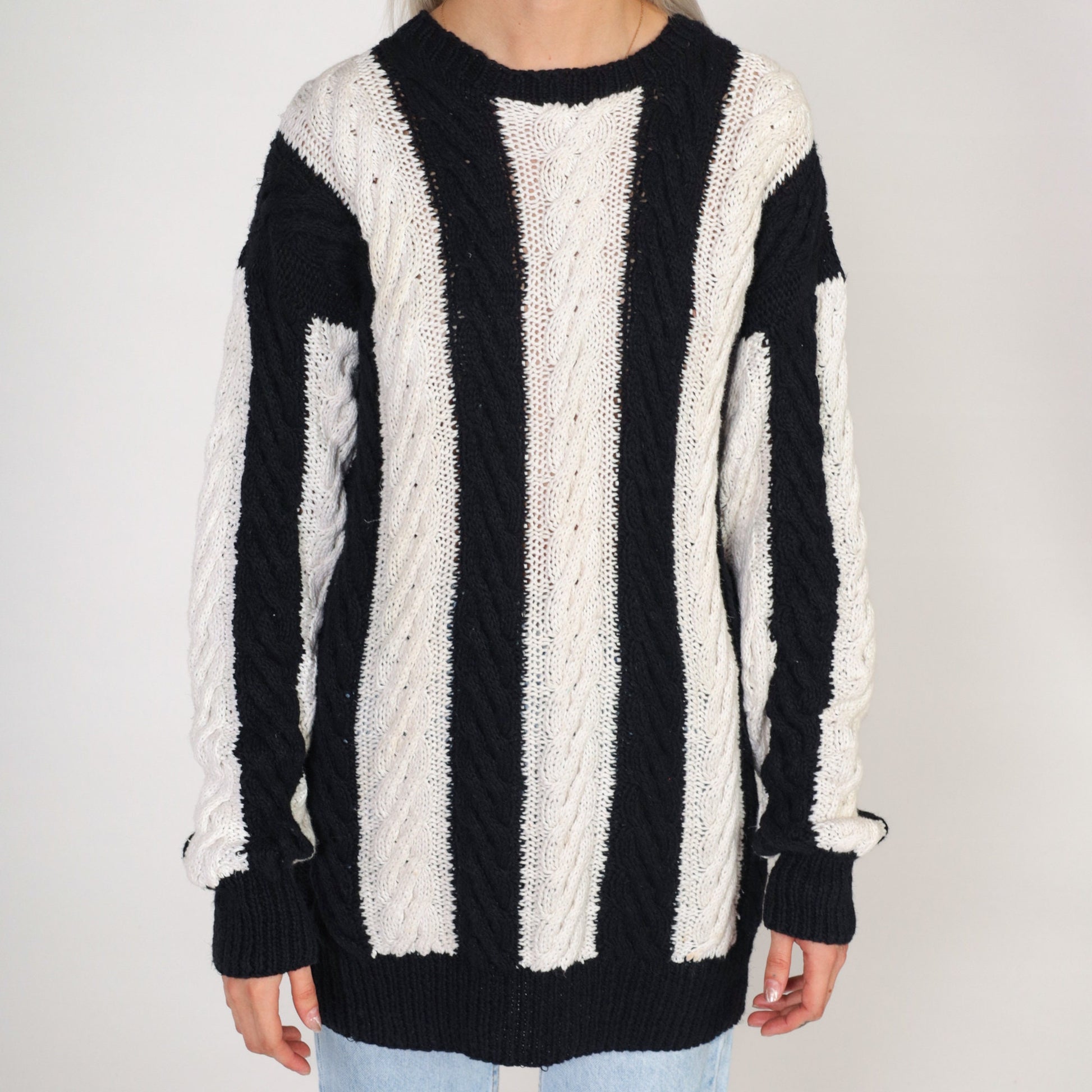 80s Black & White Striped Cable Knit Sweater Crewneck Pullover Medium Large