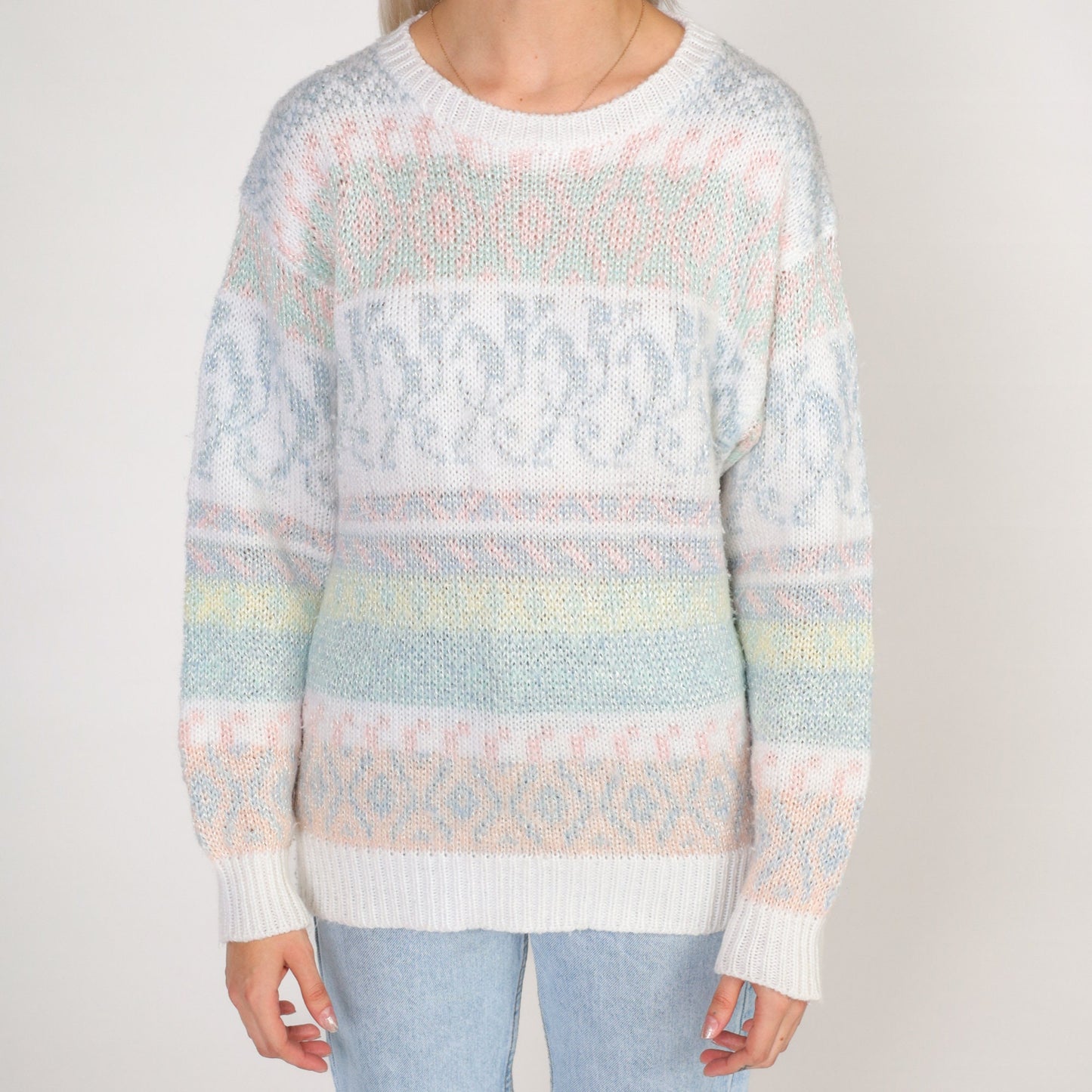 80s Helium Pastel Striped Abstract Knit Sweater White Crewneck Small