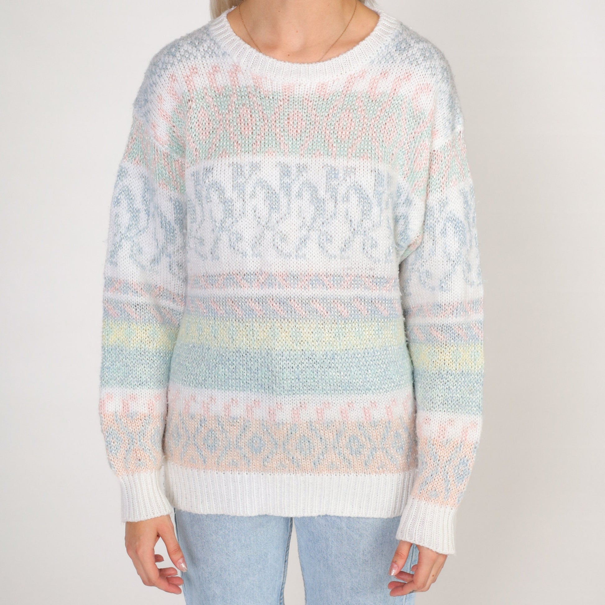 80s Helium Pastel Striped Abstract Knit Sweater White Crewneck Small