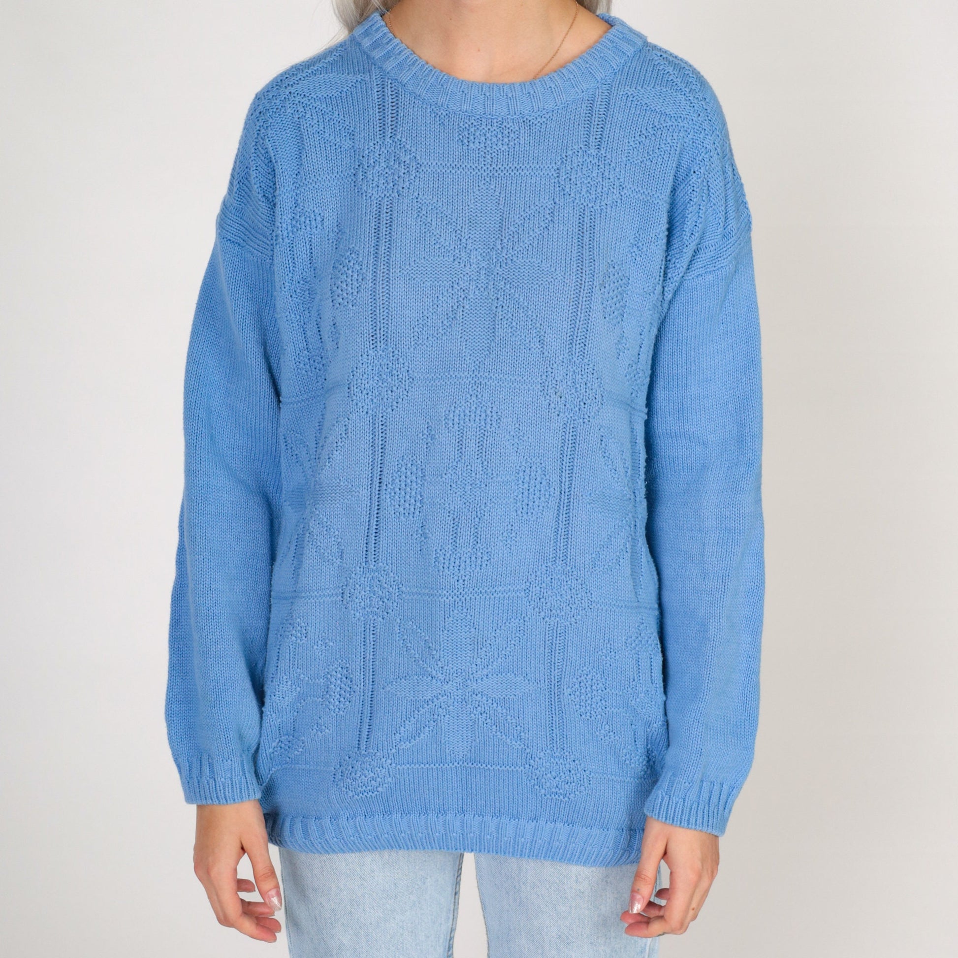 80s Cornflower Blue Floral Knit Crewneck Sweater Medium