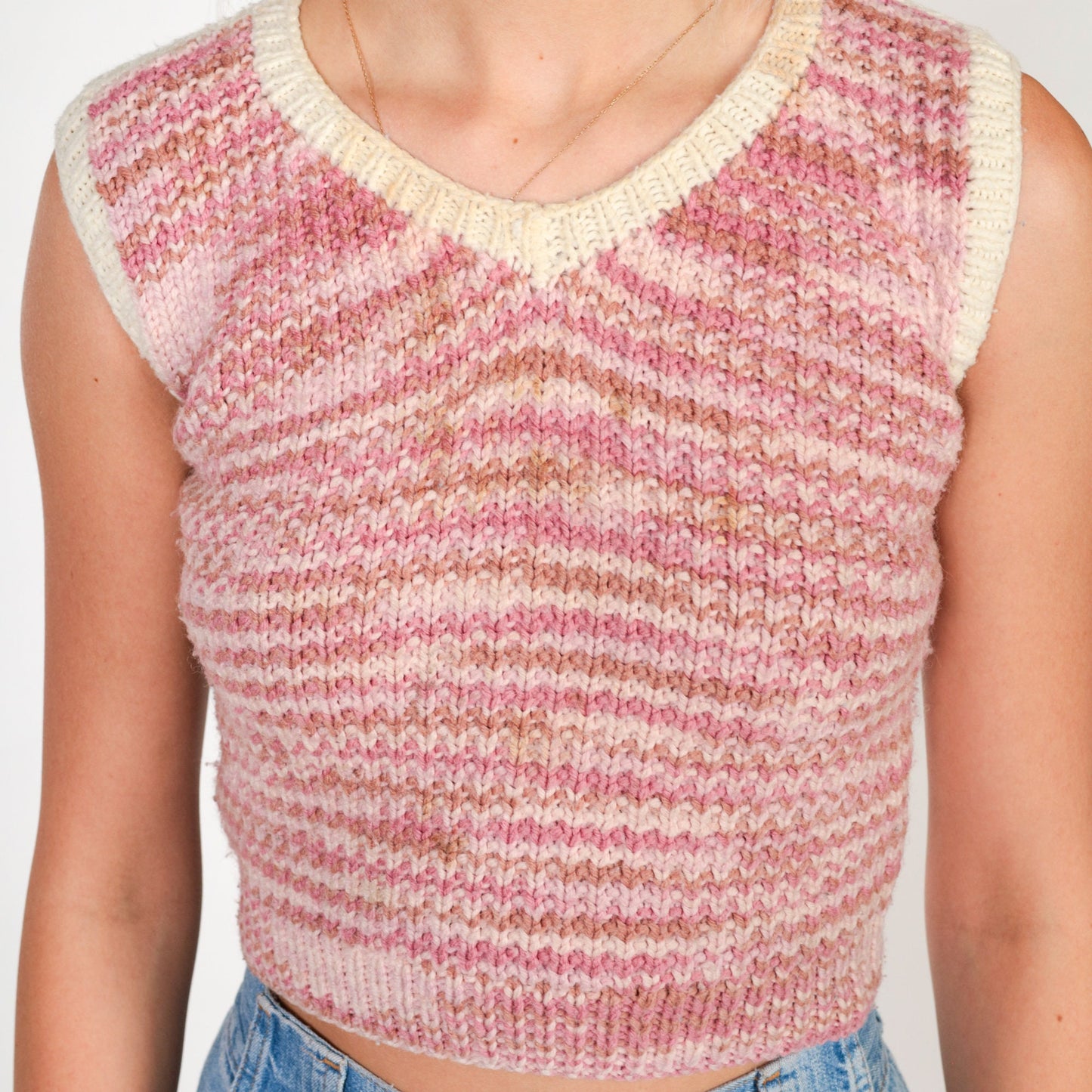 70s Striped Knit Sweater Vest Pink Pullover V-Neck Crop XXS