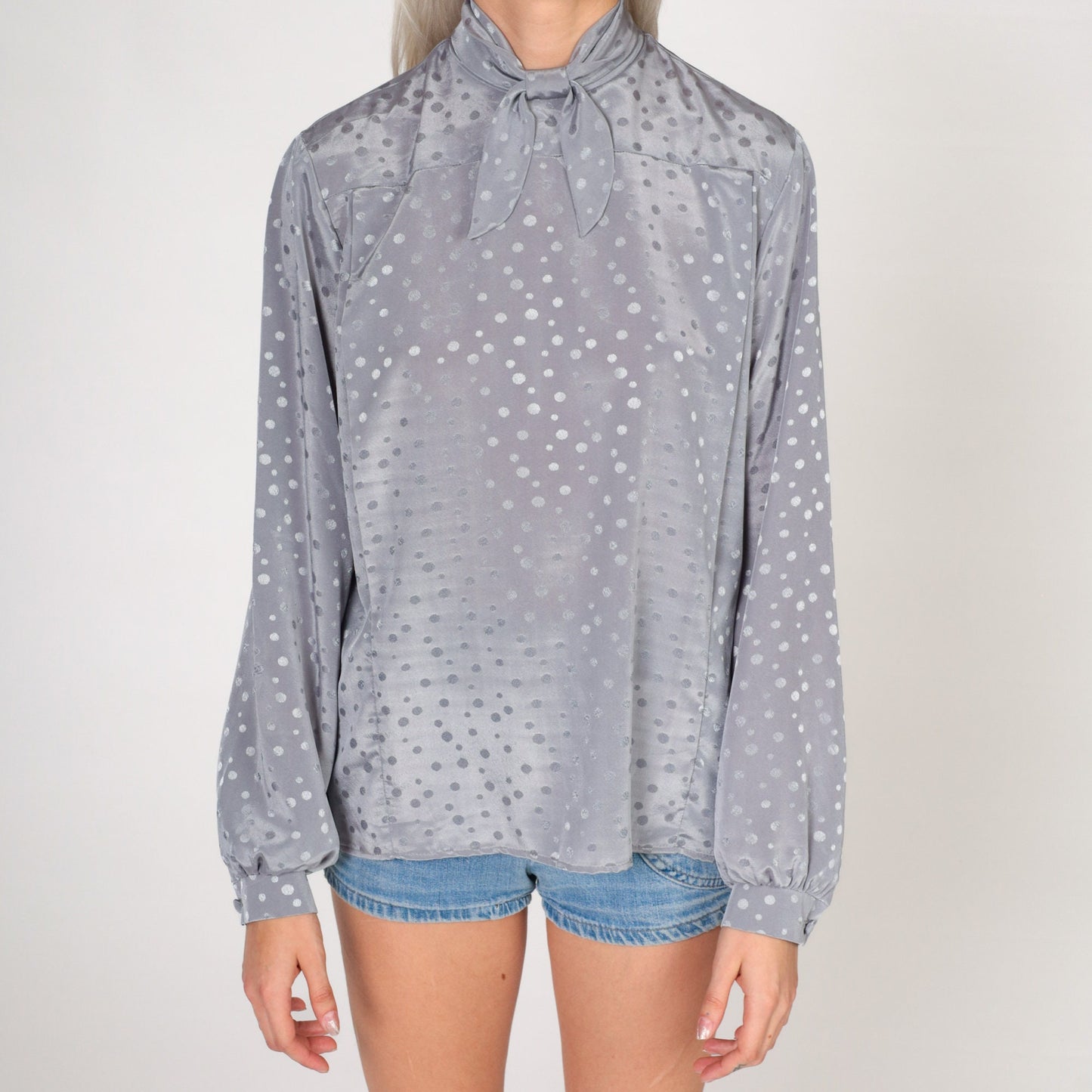 80s Grey Ascot Blouse Embossed Polka Dot Long Sleeve Shiny Neck Tie Top Medium