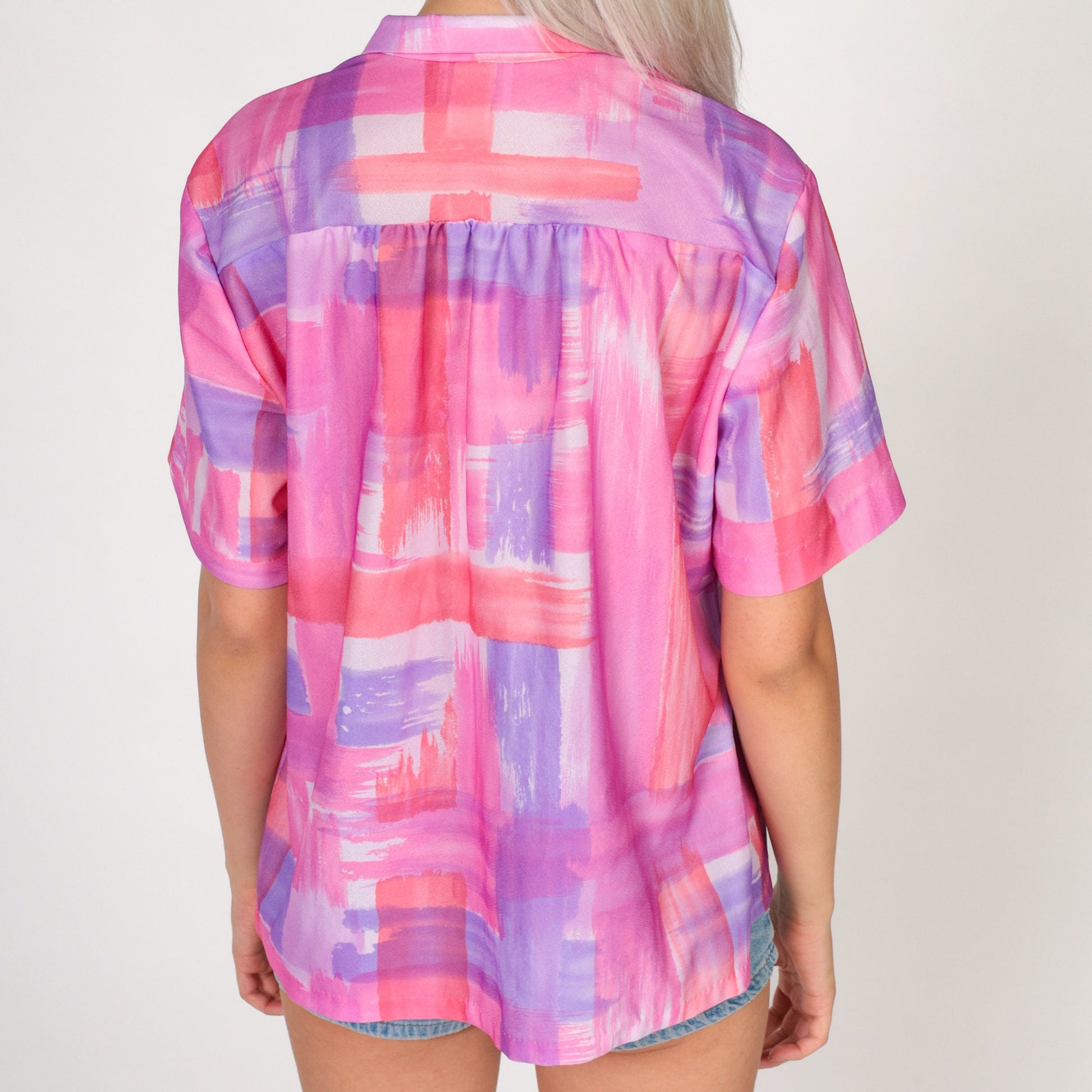 70s Brushstroke Print Collared Blouse Pink Purple Half Button V Neck Extra Large