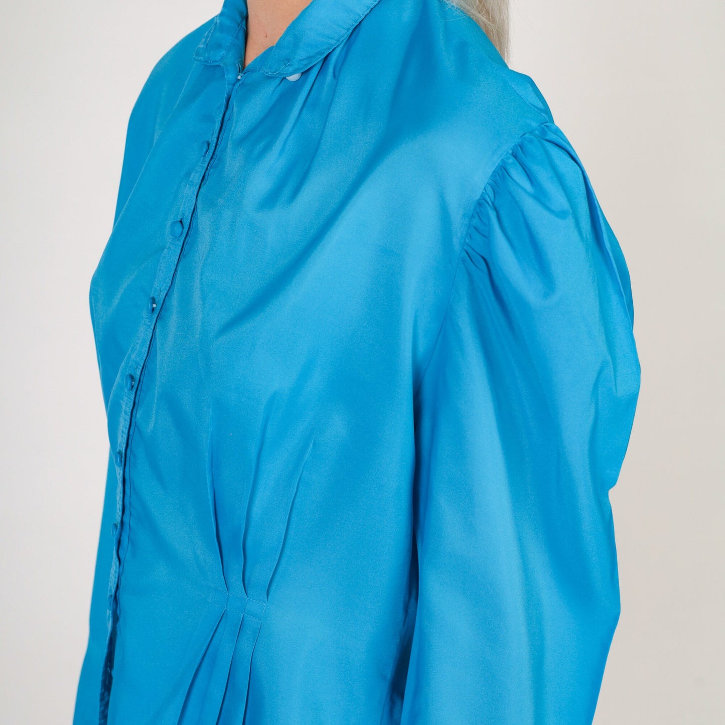 80s Blue Puff Sleeve Button-Up Blouse Peter Pan Collar Medium