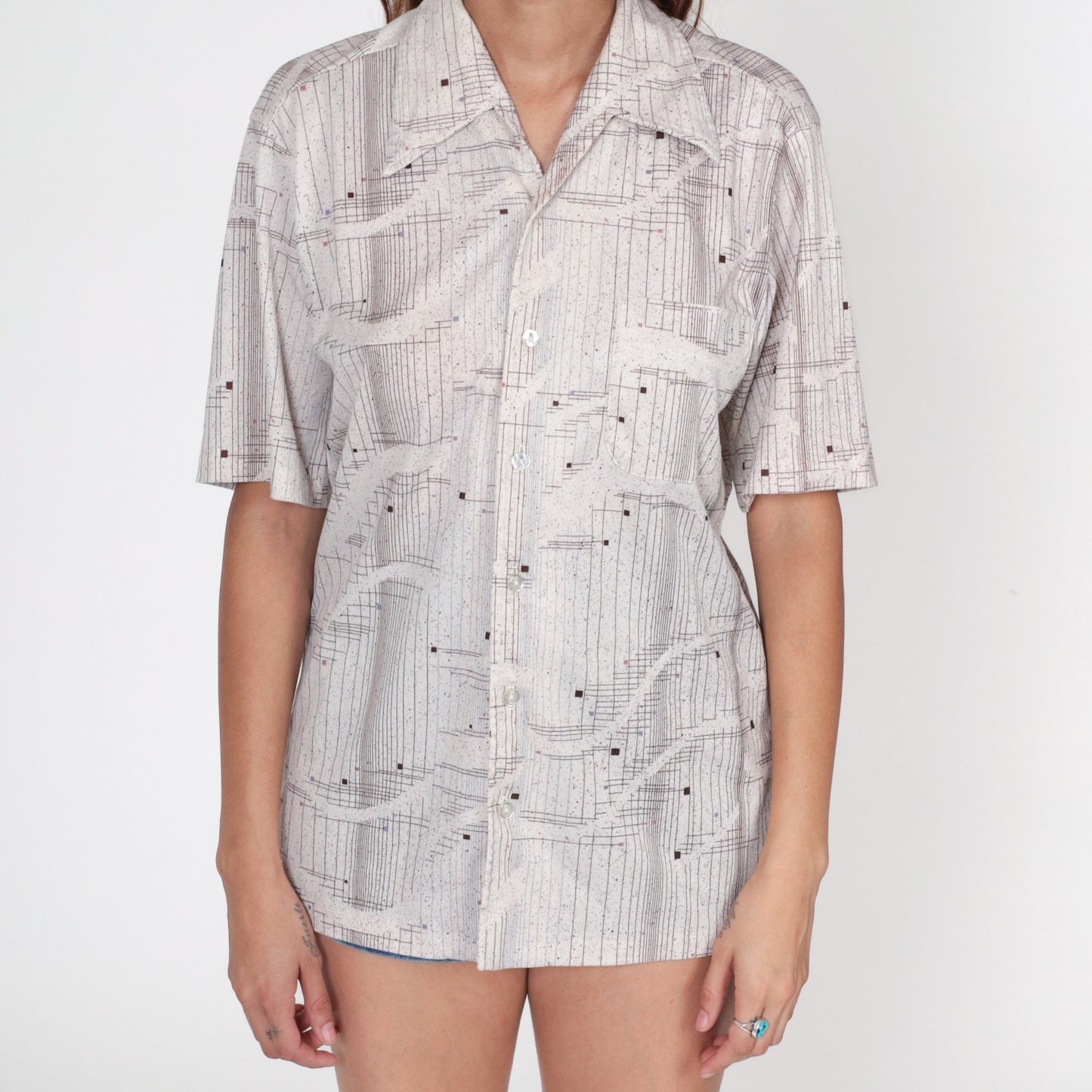 70s Mister California Striped Button Up Shirt White Brown Pointed Collar Medium