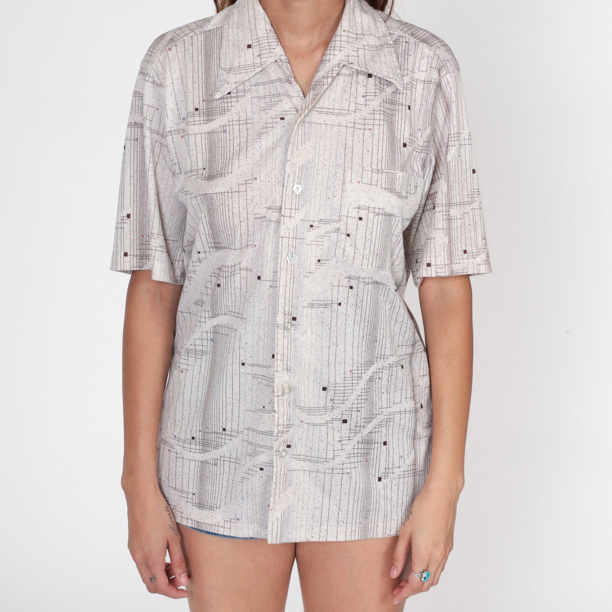 70s Mister California Striped Button Up Shirt White Brown Pointed Collar Medium
