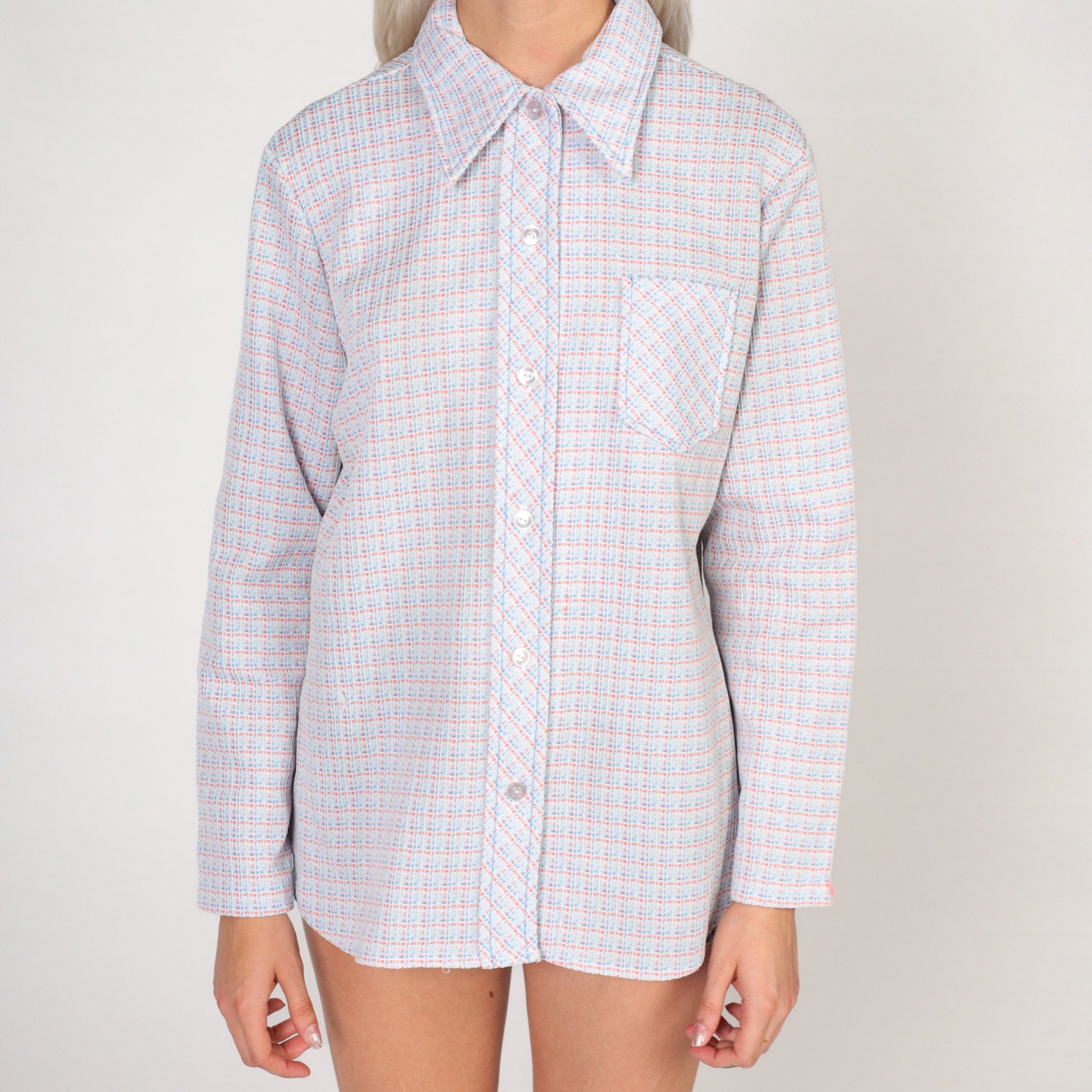 70s Checkered Button-Up Blouse Long Sleeve Pointed Collar White Coral Blue Small