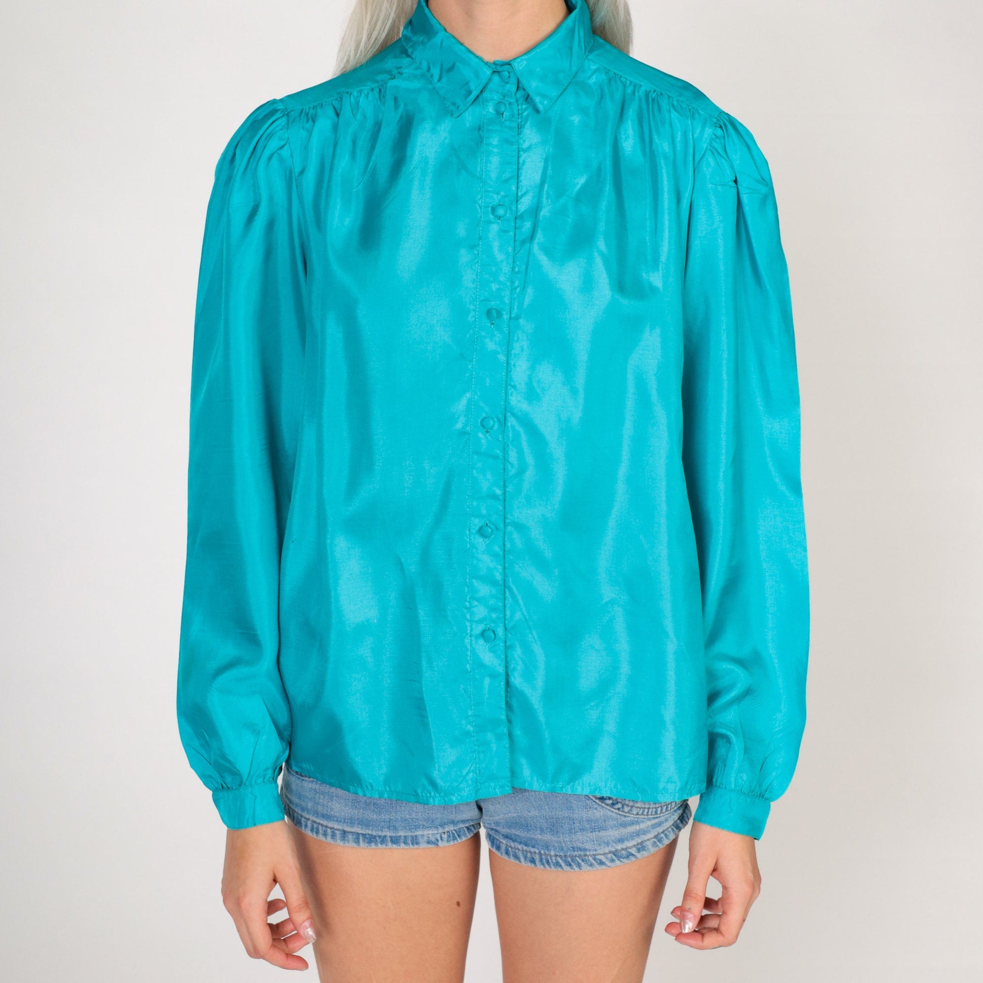 80s Turquoise Puff Sleeve Blouse Button-Up Pleated Chest Shiny Small