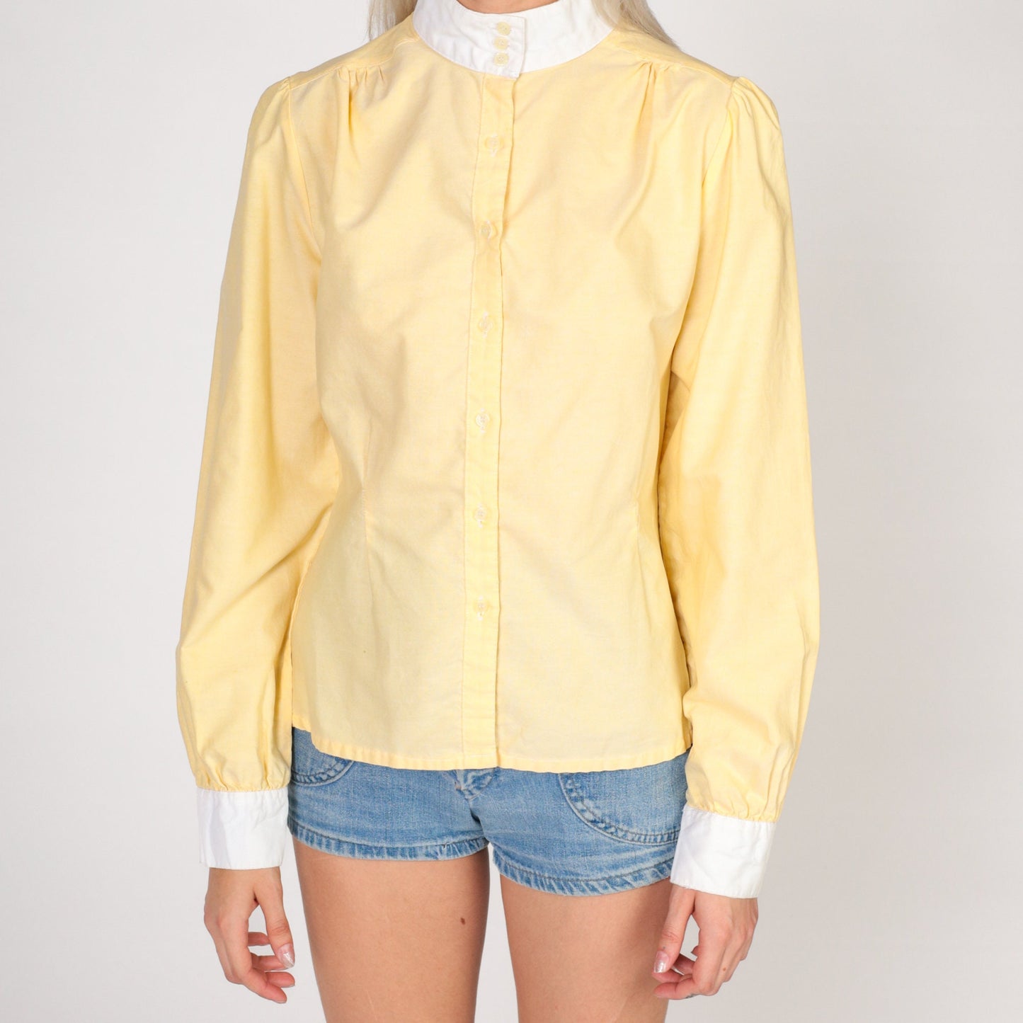 80s Yellow Puff Sleeve Blouse White Mock Neck Button Up Small