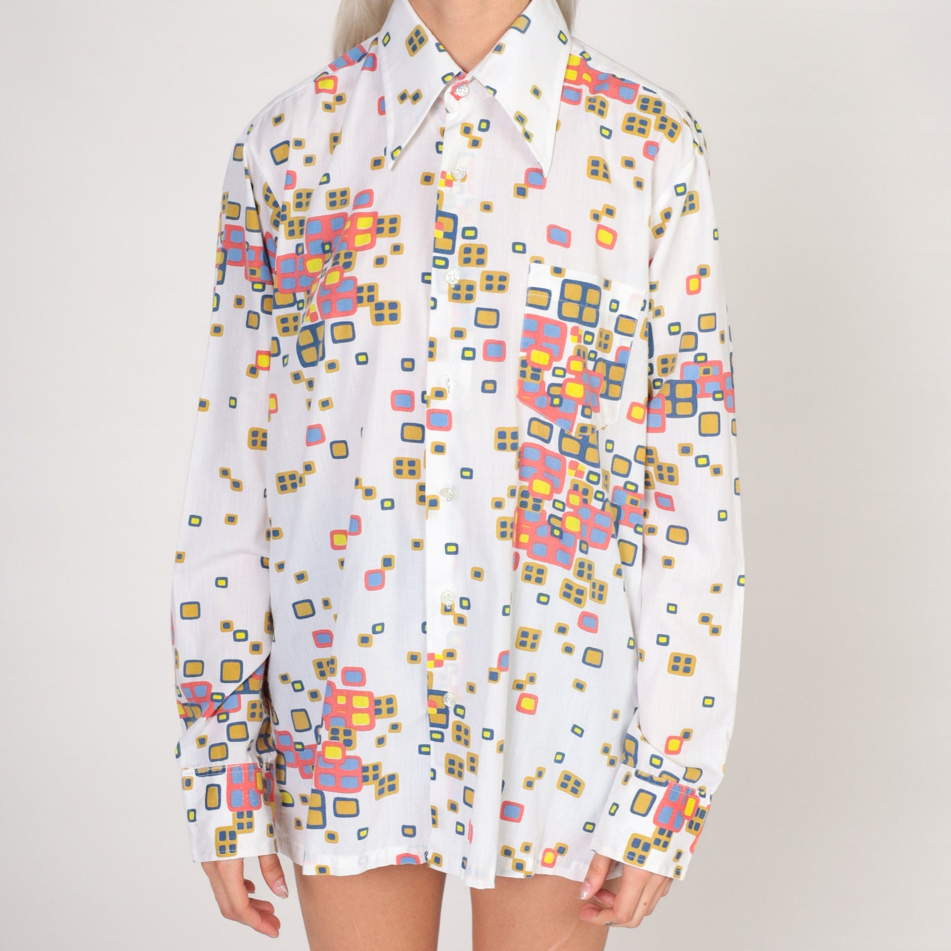70s Disco Button-Up Shirt Dagger Collar Abstract Square Print White Medium