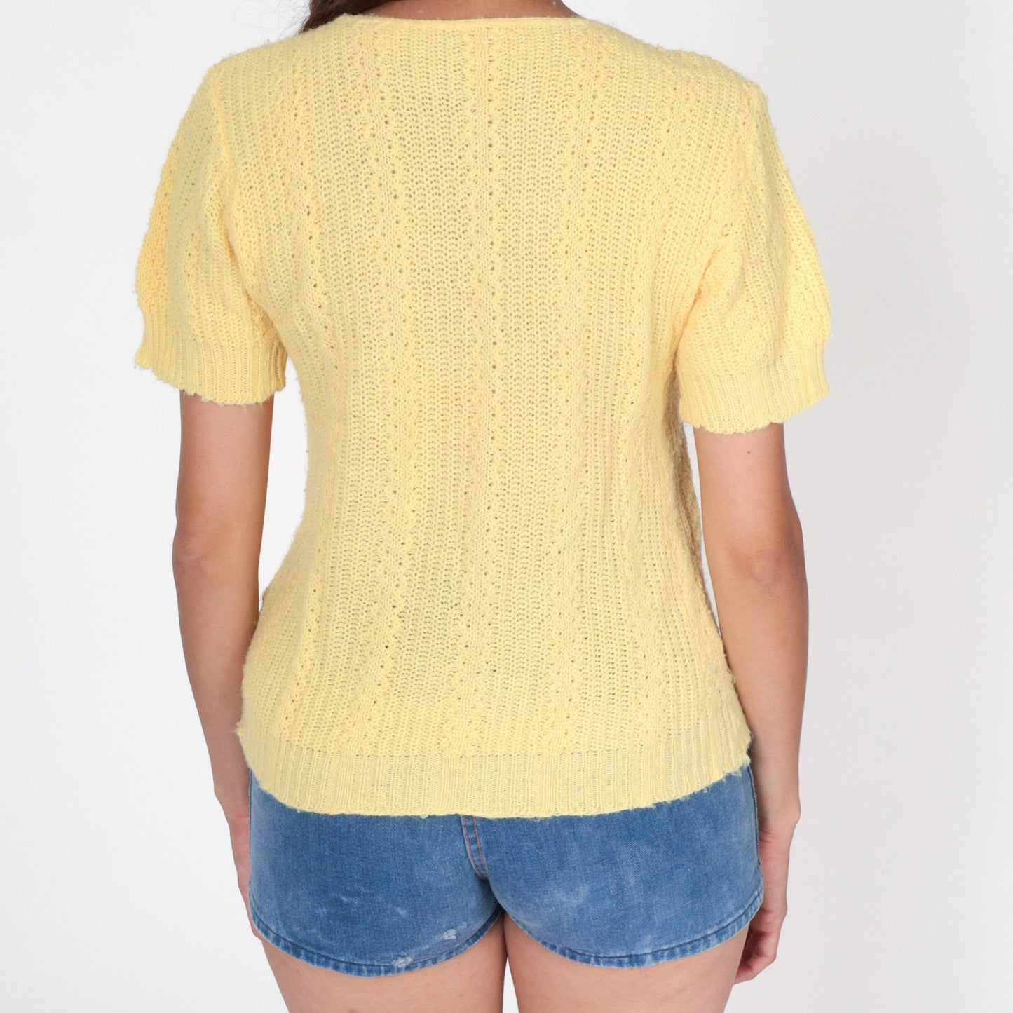 80s Light Yellow Knit Short Sleeve Top Small S