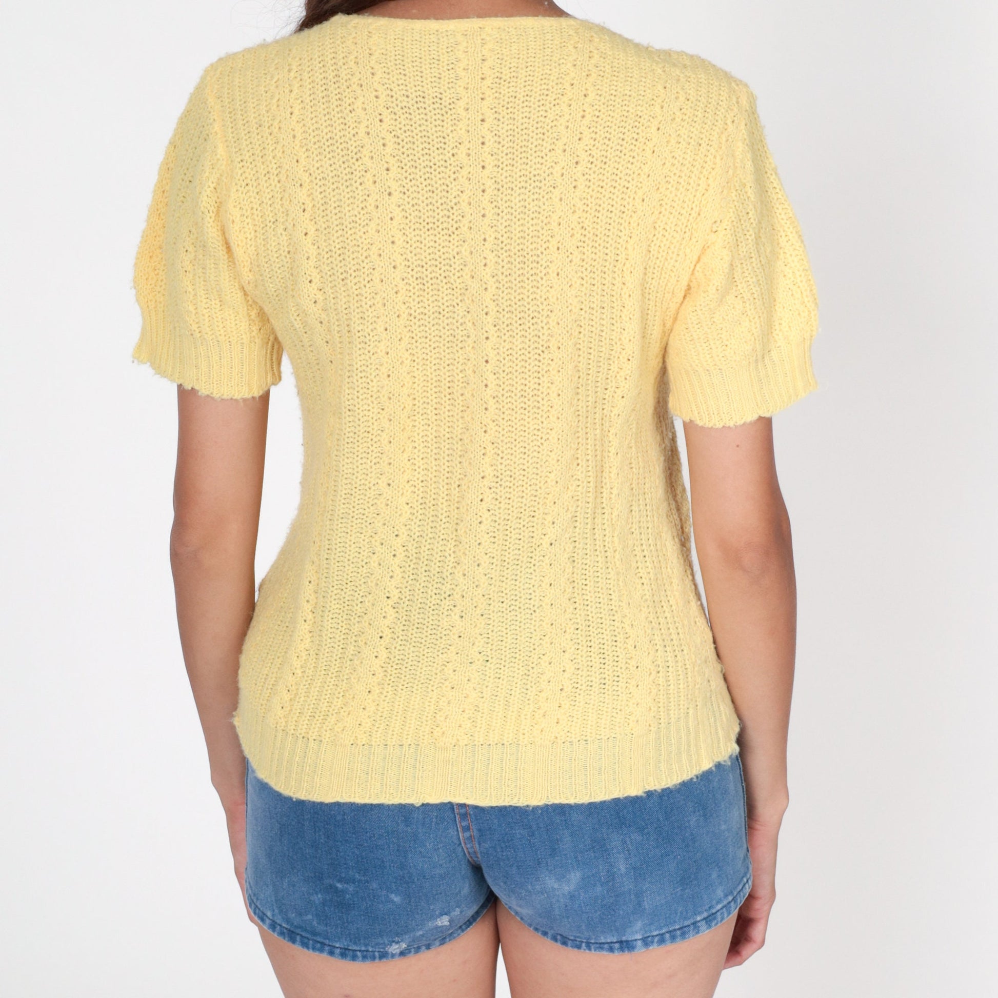 80s Light Yellow Knit Short Sleeve Top Small S