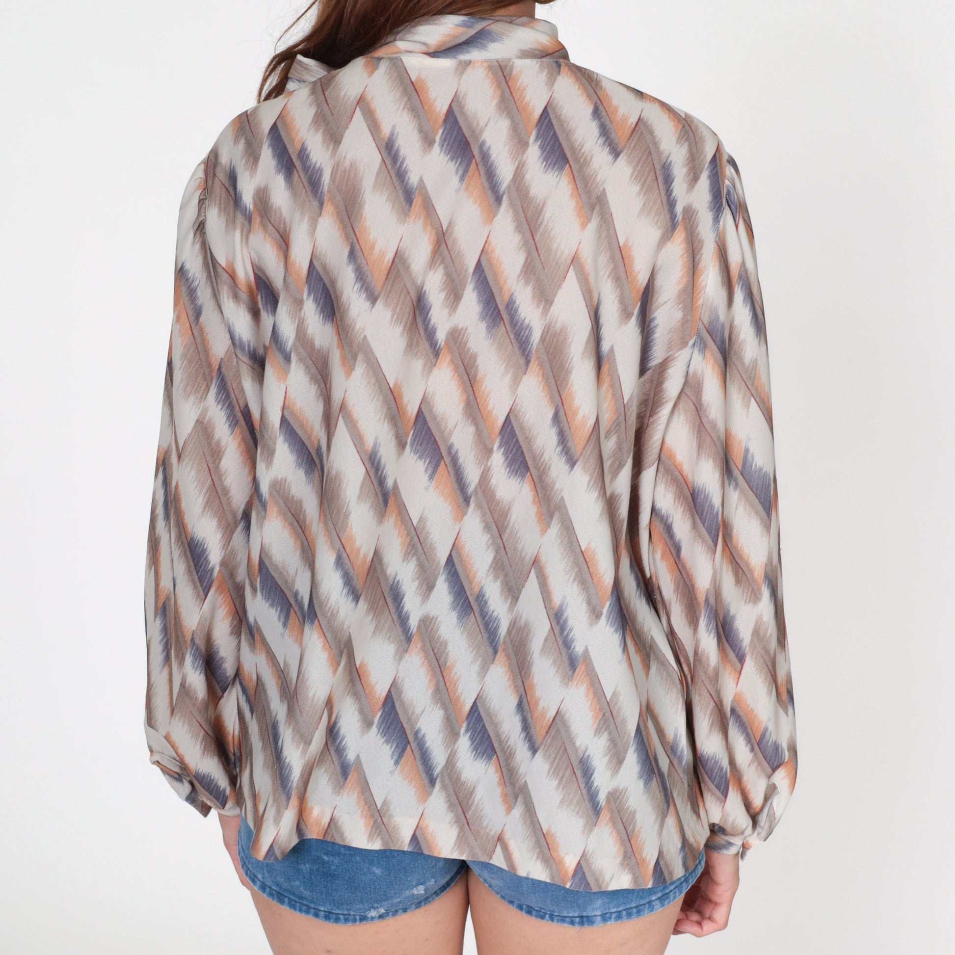 70s Checkered Ascot Blouse Taupe Orange Blue Long Sleeve Neck Tie Top Large L