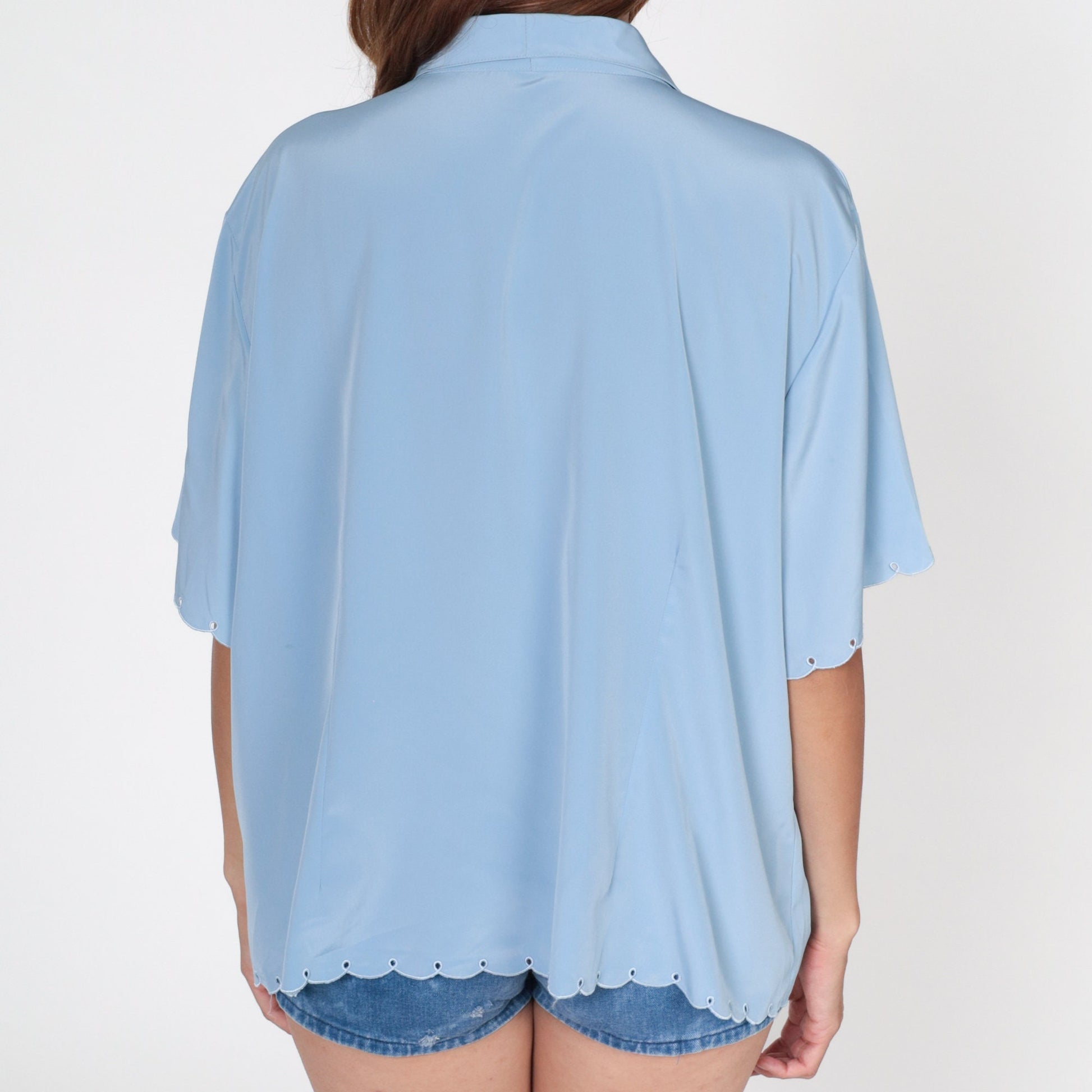 80s Baby Blue Floral Embroidered Blouse Eyelet Cutout Button Up Short Sleeve Extra Extra Large XXL
