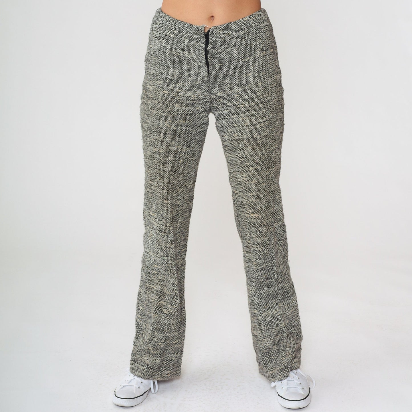 70s Wool Flared Trousers Black White Flecked Mid Rise Extra Small