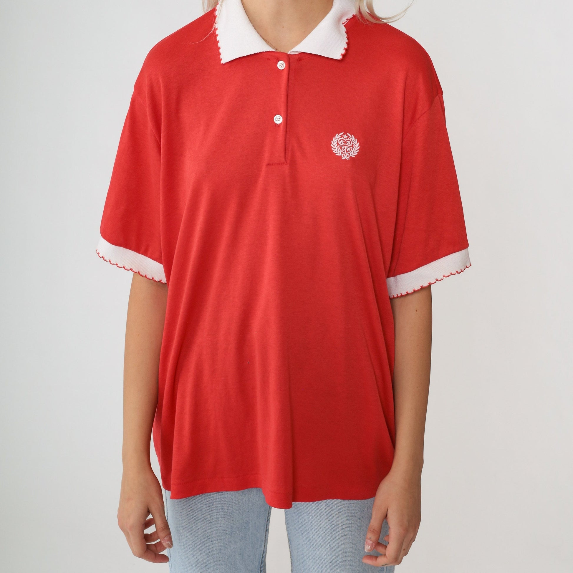 80s Red Polo Shirt GW Embroidered Crest Half Button Ringer Extra Large XL